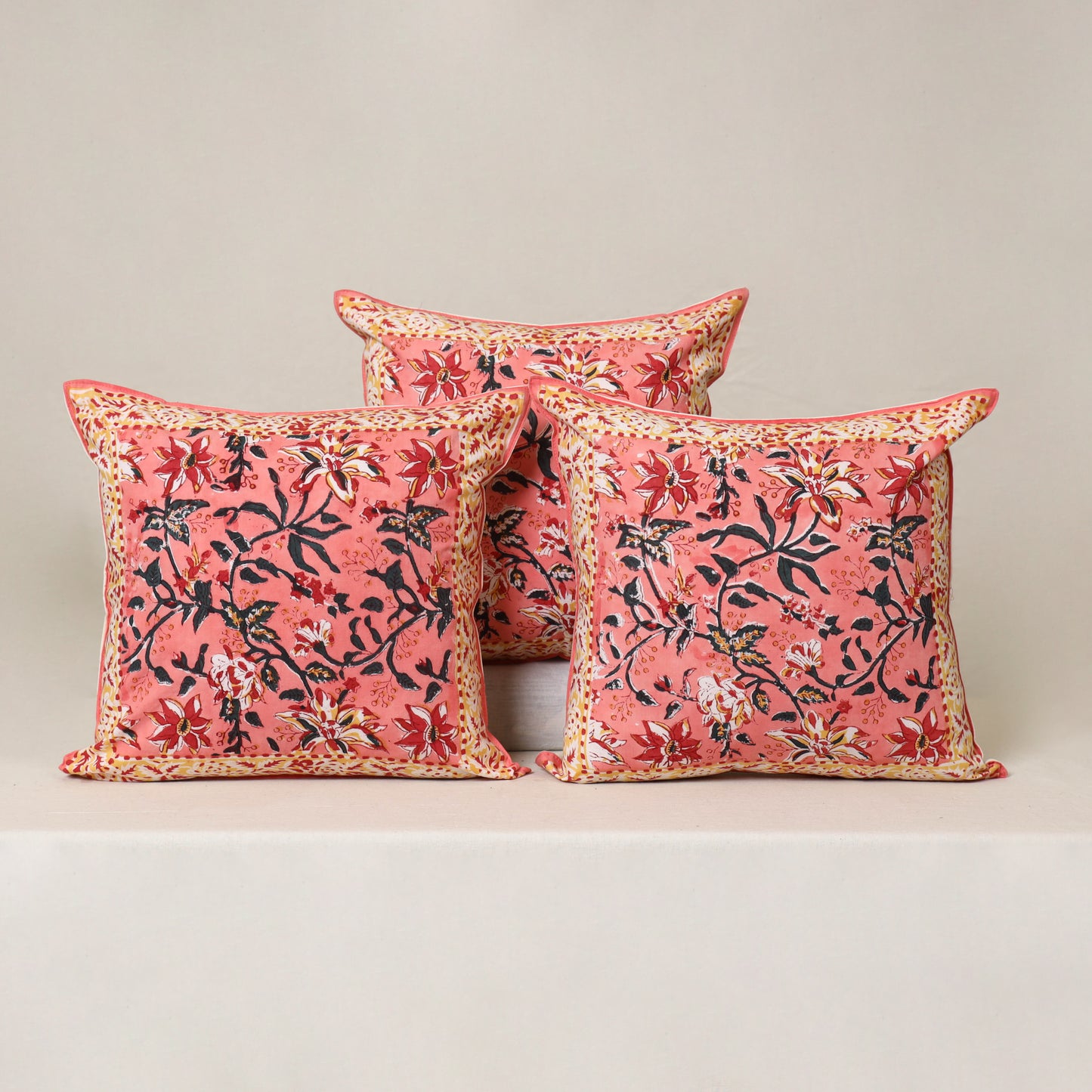 Pink - Block Print Sanganeri Floral Cushion Cover (Set of 5) 06