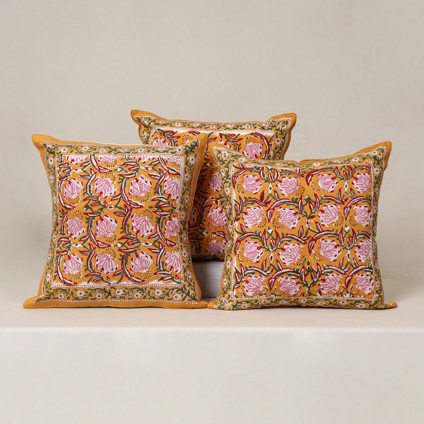 Yellow - Block Print Sanganeri Floral Cushion Cover (Set of 5) 07
