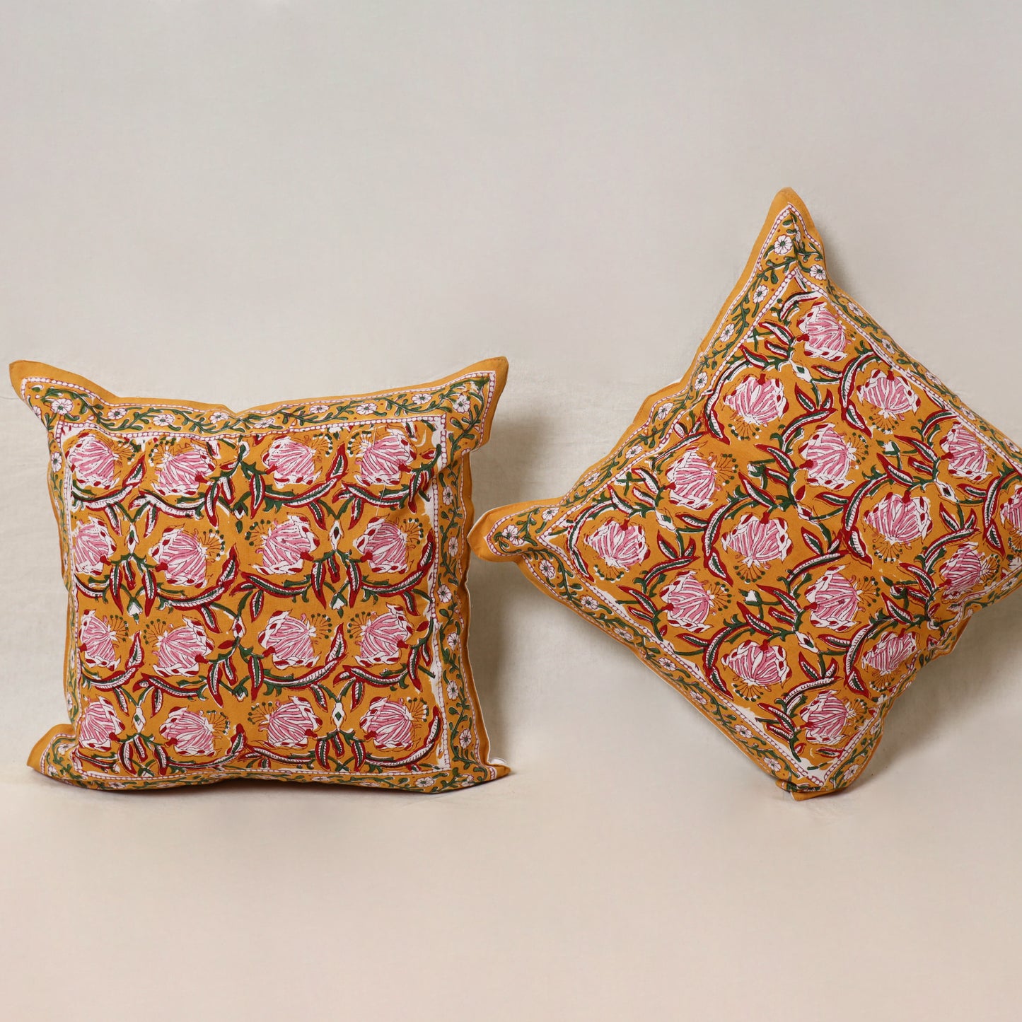 Yellow - Block Print Sanganeri Floral Cushion Cover (Set of 5) 07