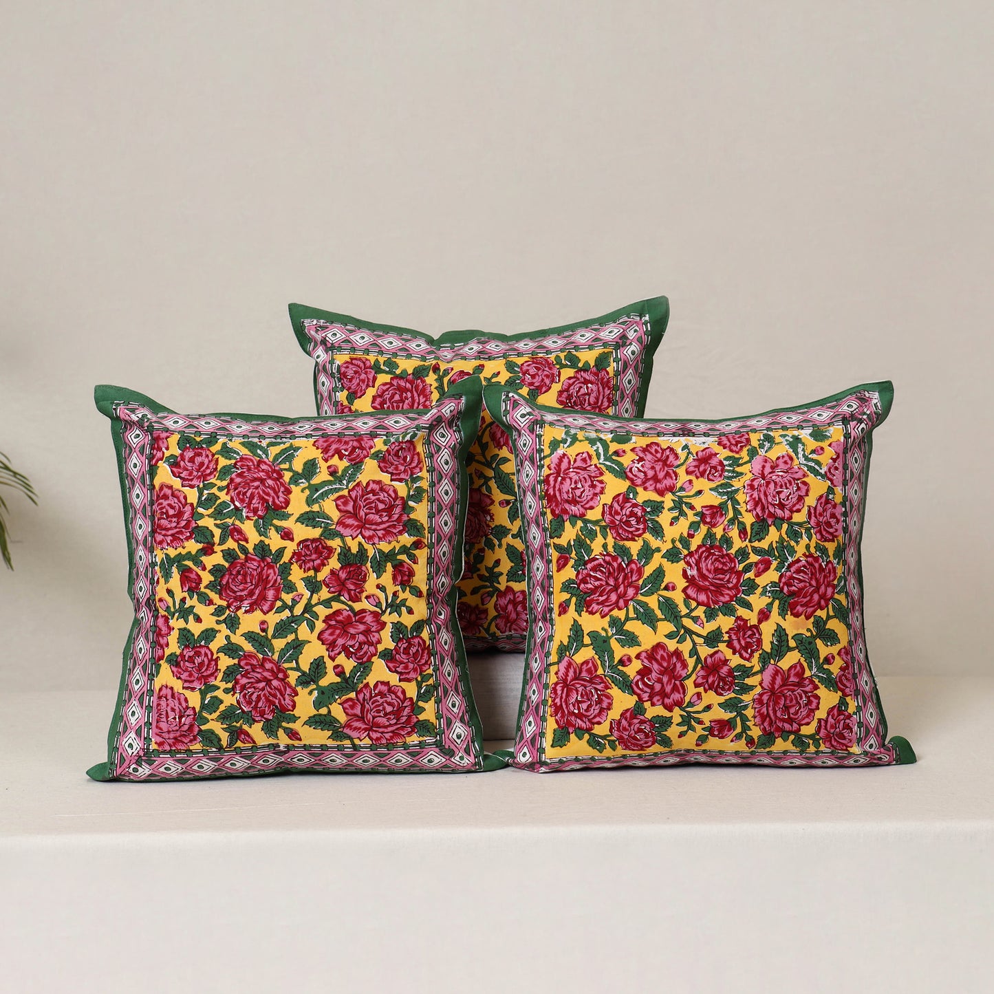Yellow - Block Print Sanganeri Floral Cushion Cover (Set of 5) 08