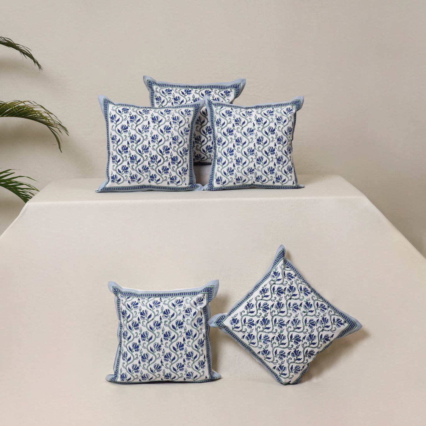 Blue - Block Print Sanganeri Floral Cushion Cover (Set of 5) 09