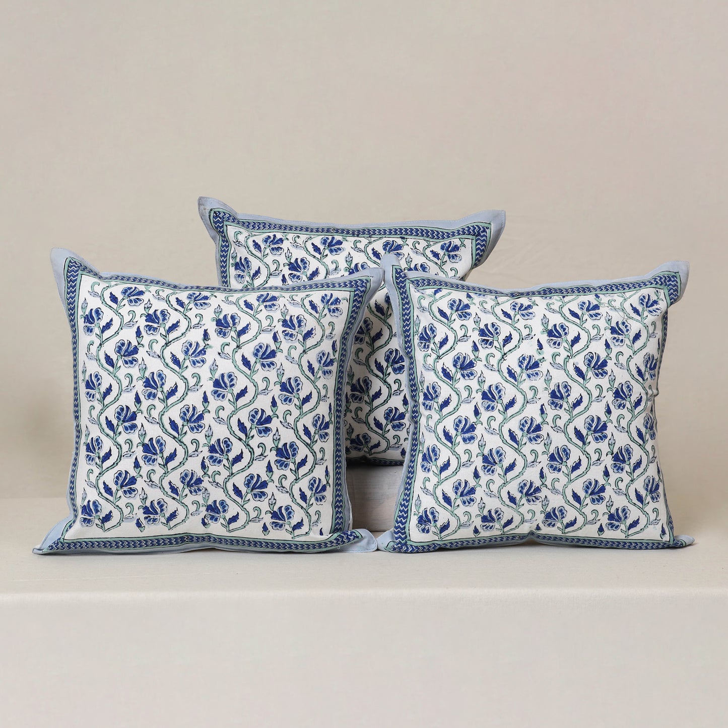 Blue - Block Print Sanganeri Floral Cushion Cover (Set of 5) 09