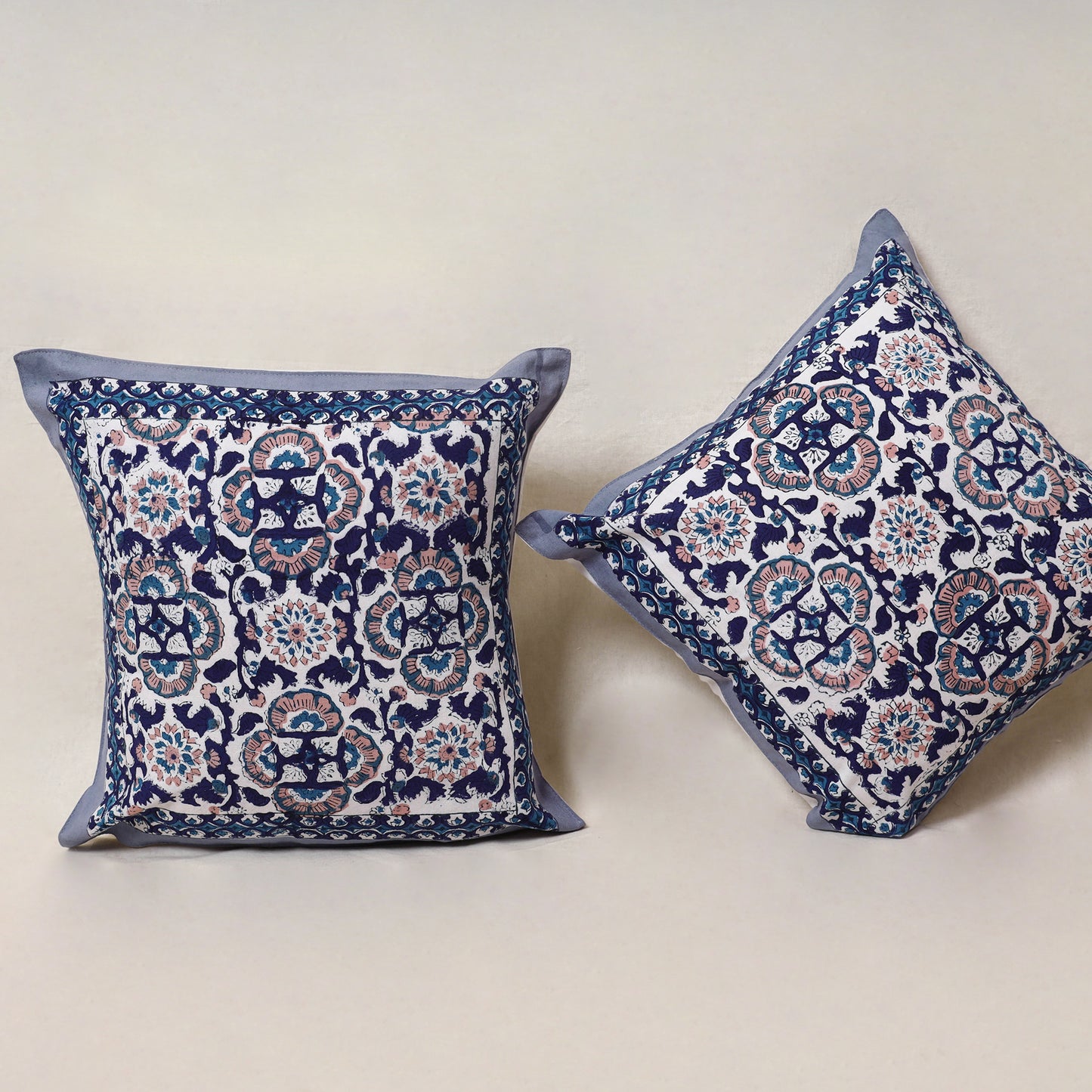 Blue - Block Print Sanganeri Floral Cushion Cover (Set of 5) 10