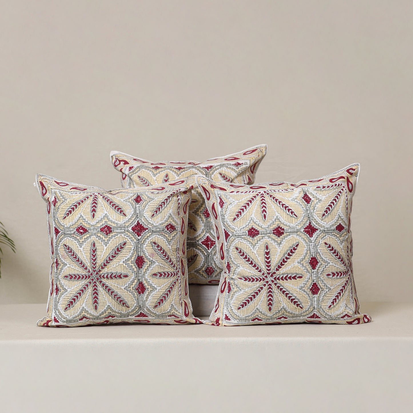 White - Block Print Sanganeri Floral Cushion Cover (Set of 5) 11