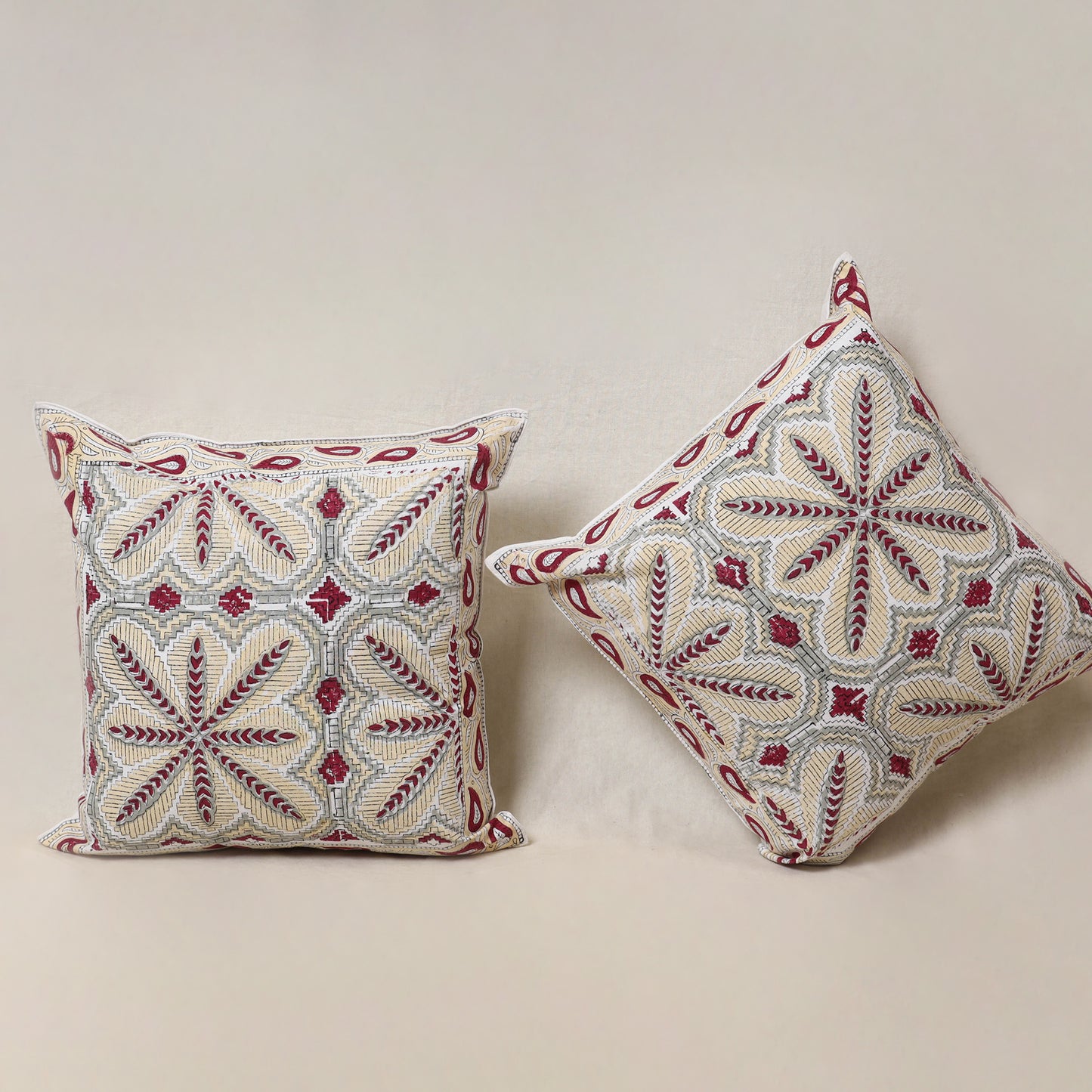White - Block Print Sanganeri Floral Cushion Cover (Set of 5) 11