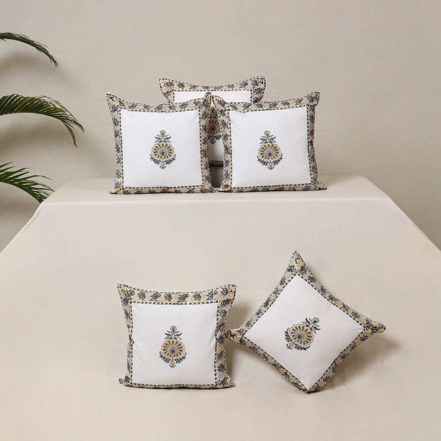 White - Block Print Sanganeri Floral Cushion Cover (Set of 5) 12