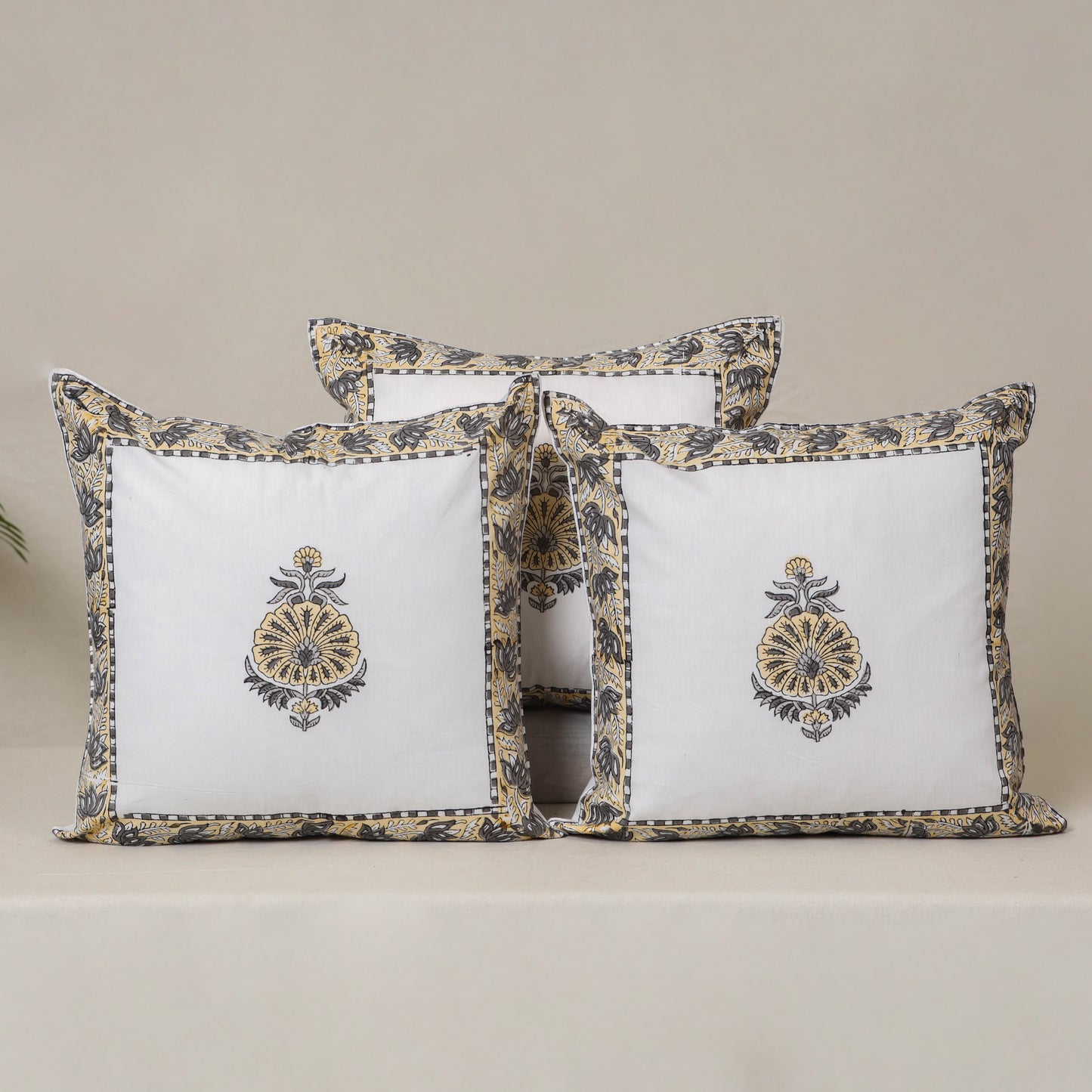 White - Block Print Sanganeri Floral Cushion Cover (Set of 5) 12