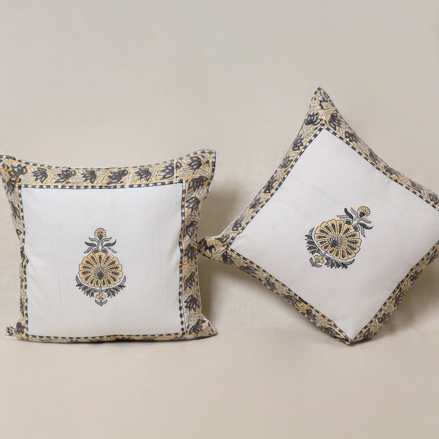 White - Block Print Sanganeri Floral Cushion Cover (Set of 5) 12