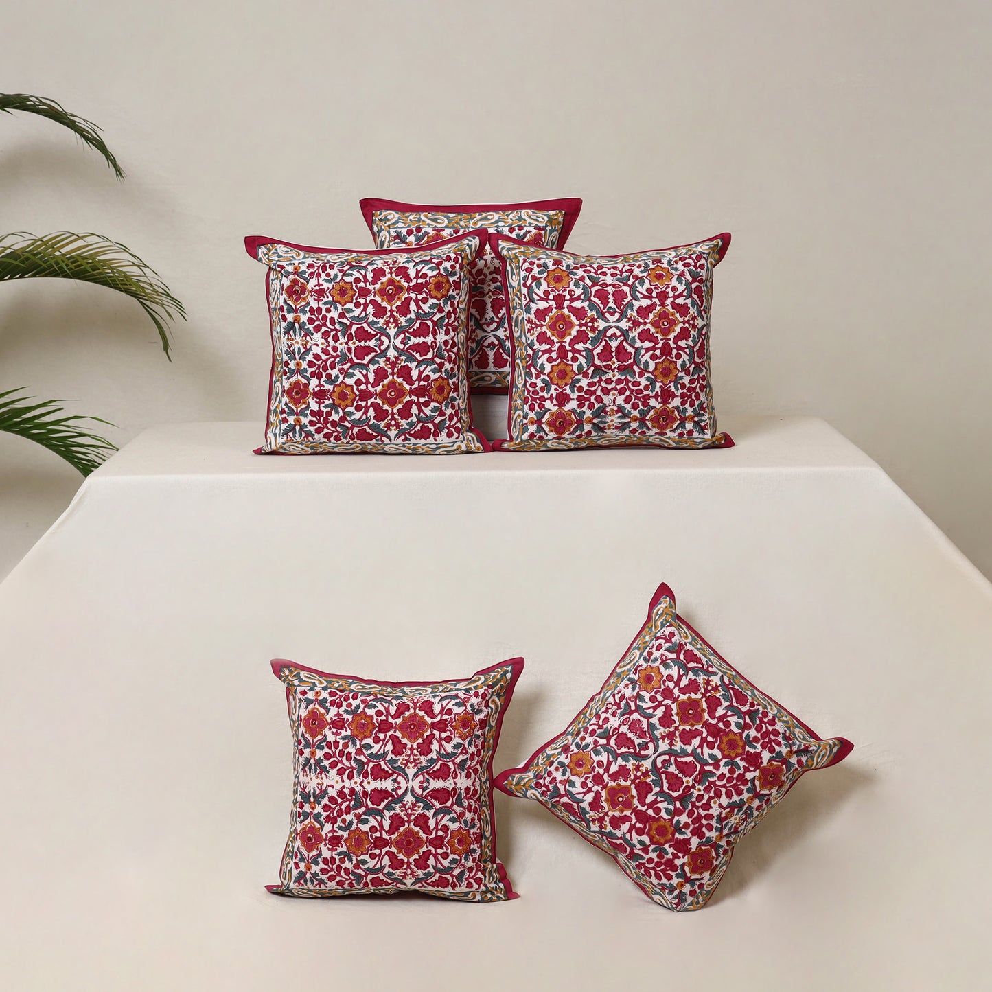 Red - Block Print Sanganeri Floral Cushion Cover (Set of 5) 13