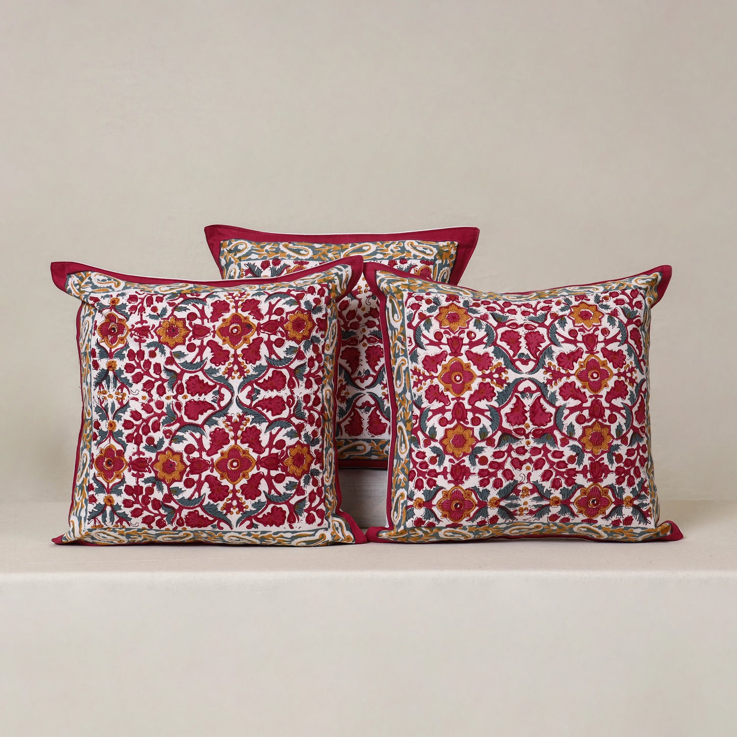 Red - Block Print Sanganeri Floral Cushion Cover (Set of 5) 13
