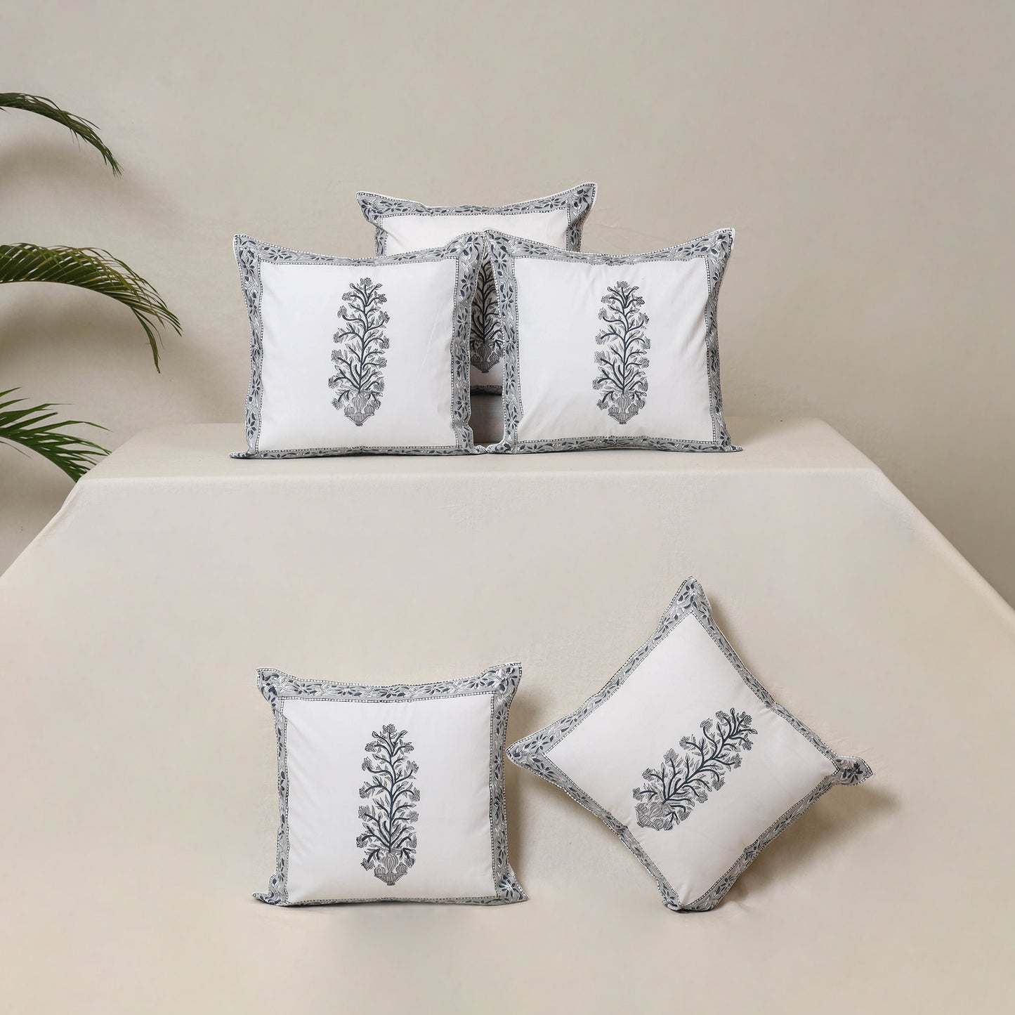 White - Block Print Sanganeri Floral Cushion Cover (Set of 5) 14