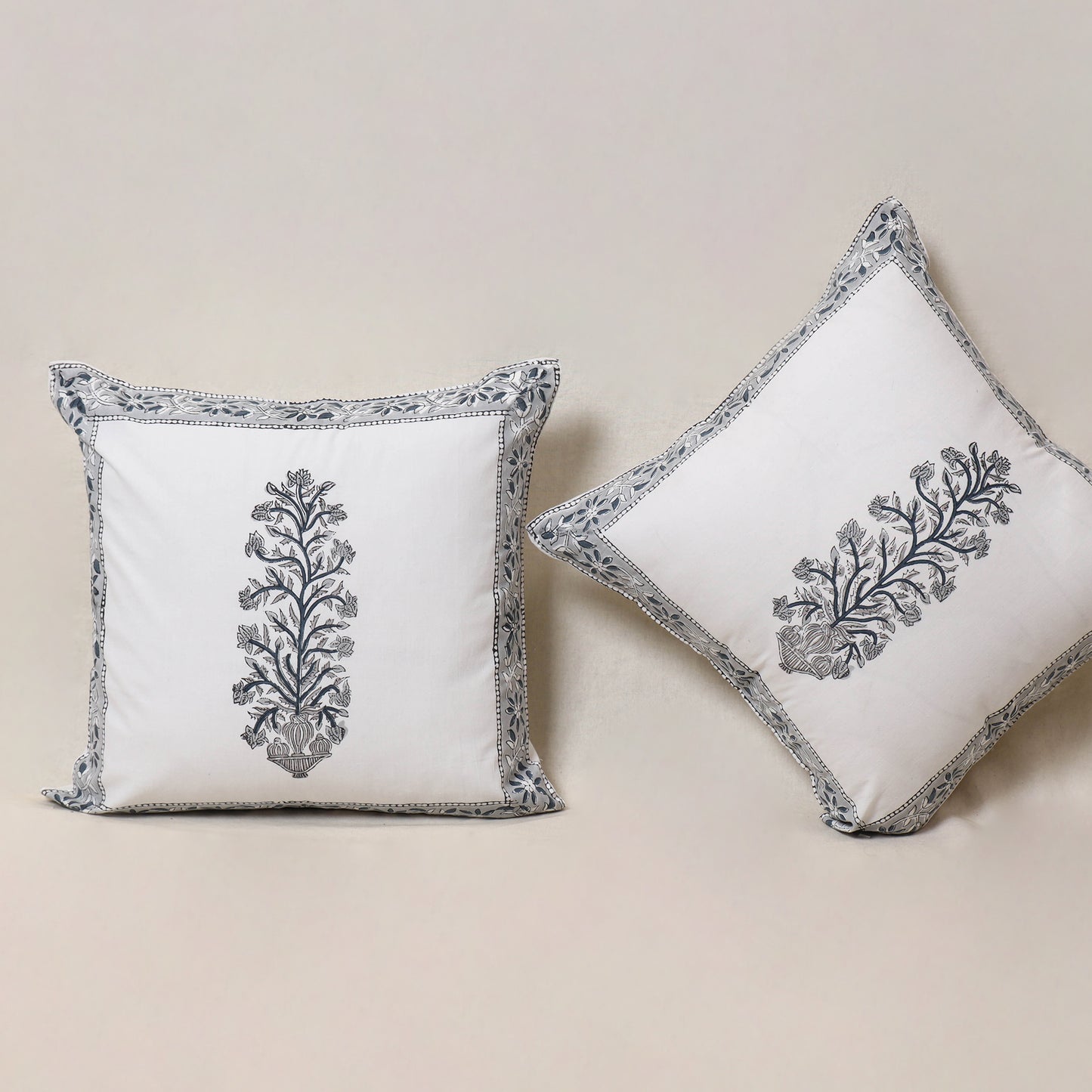 White - Block Print Sanganeri Floral Cushion Cover (Set of 5) 14