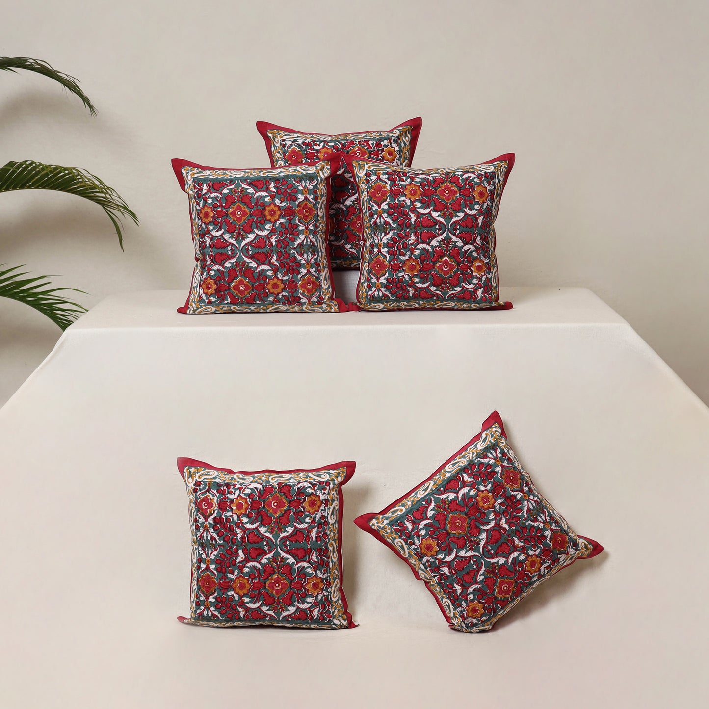 Red - Block Print Sanganeri Floral Cushion Cover (Set of 5) 15