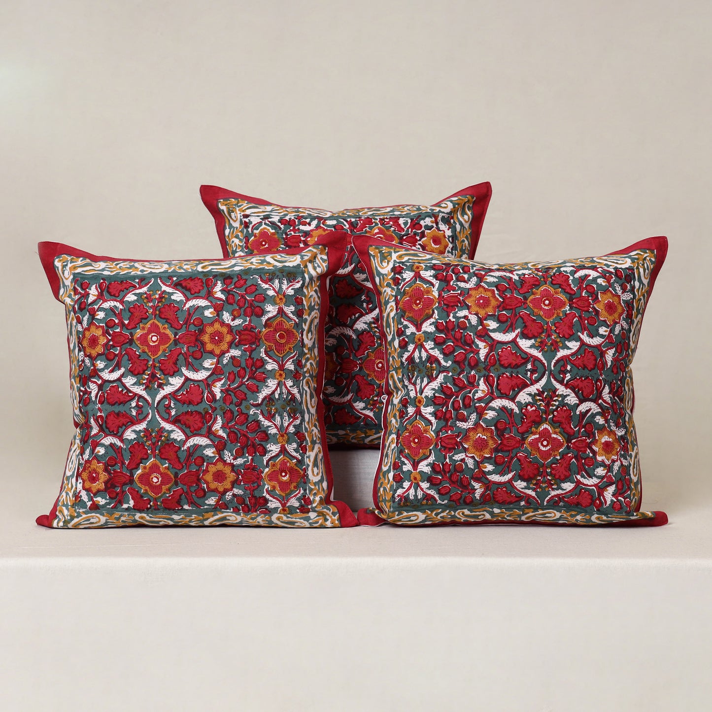 Red - Block Print Sanganeri Floral Cushion Cover (Set of 5) 15