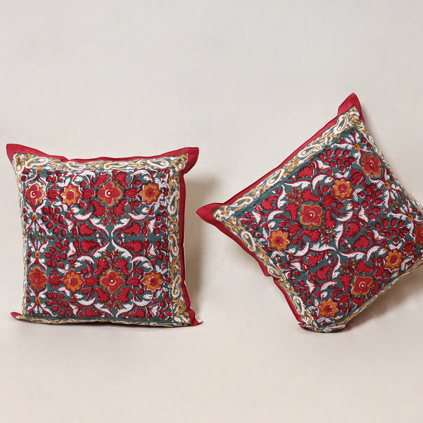 Red - Block Print Sanganeri Floral Cushion Cover (Set of 5) 15