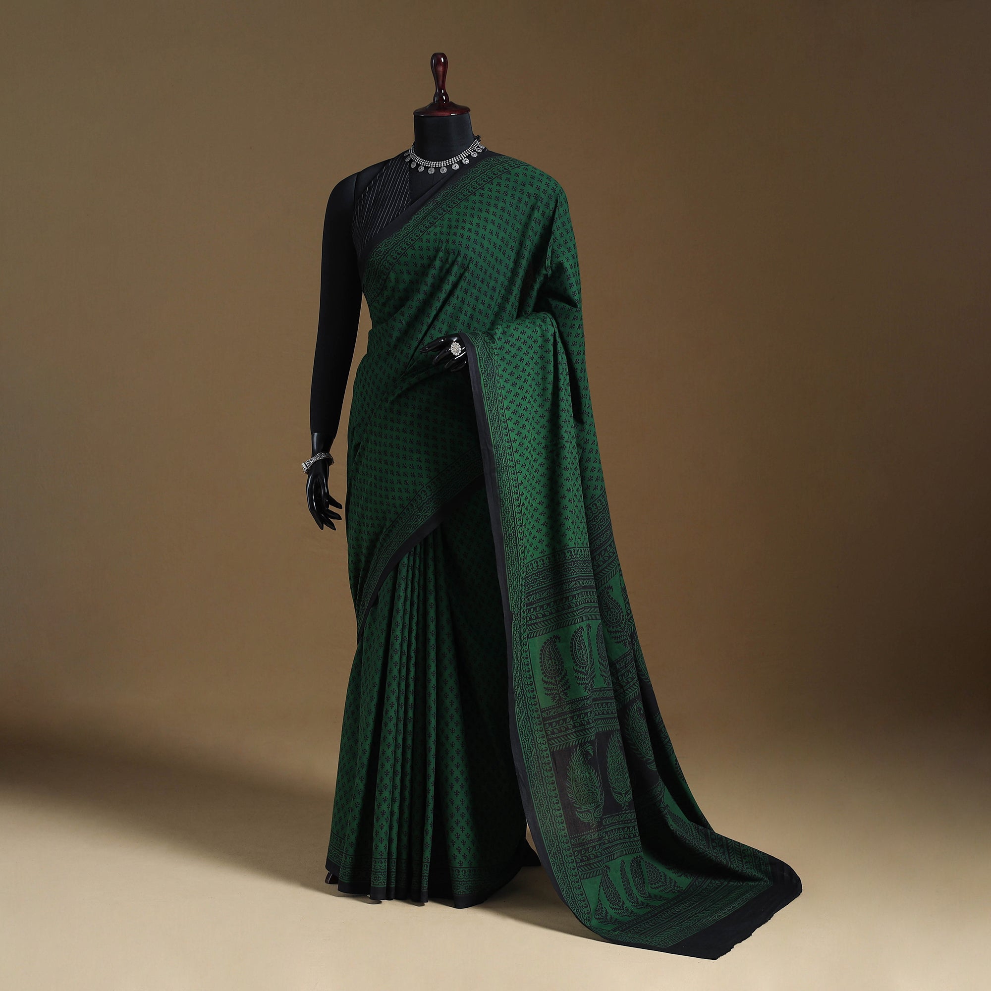 Green - Hand Block Print Natural Dyed Cotton Akola Saree