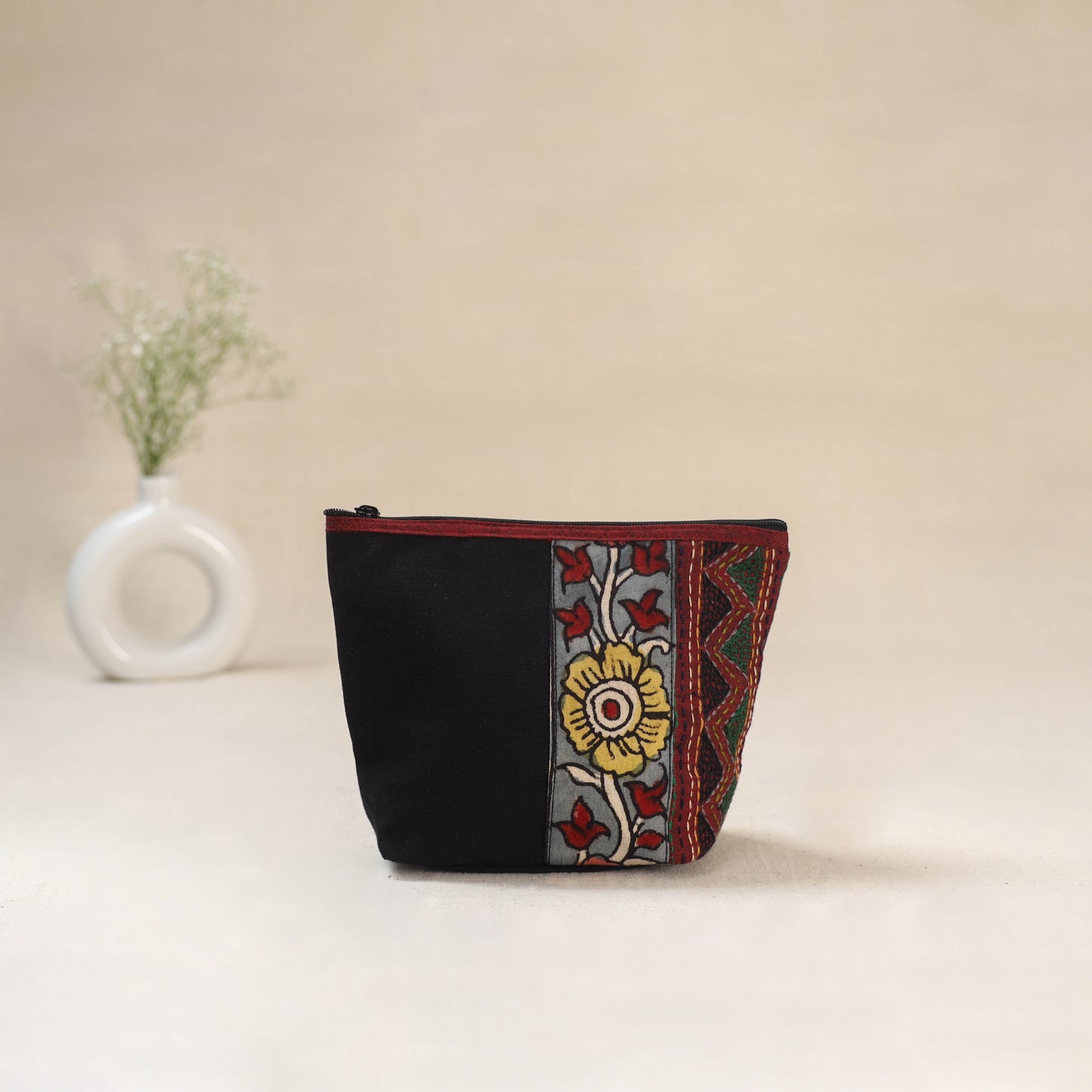 Black - Tagai Work Srikalahasti Kalamkari Handpainted Small Utility Pouch 114