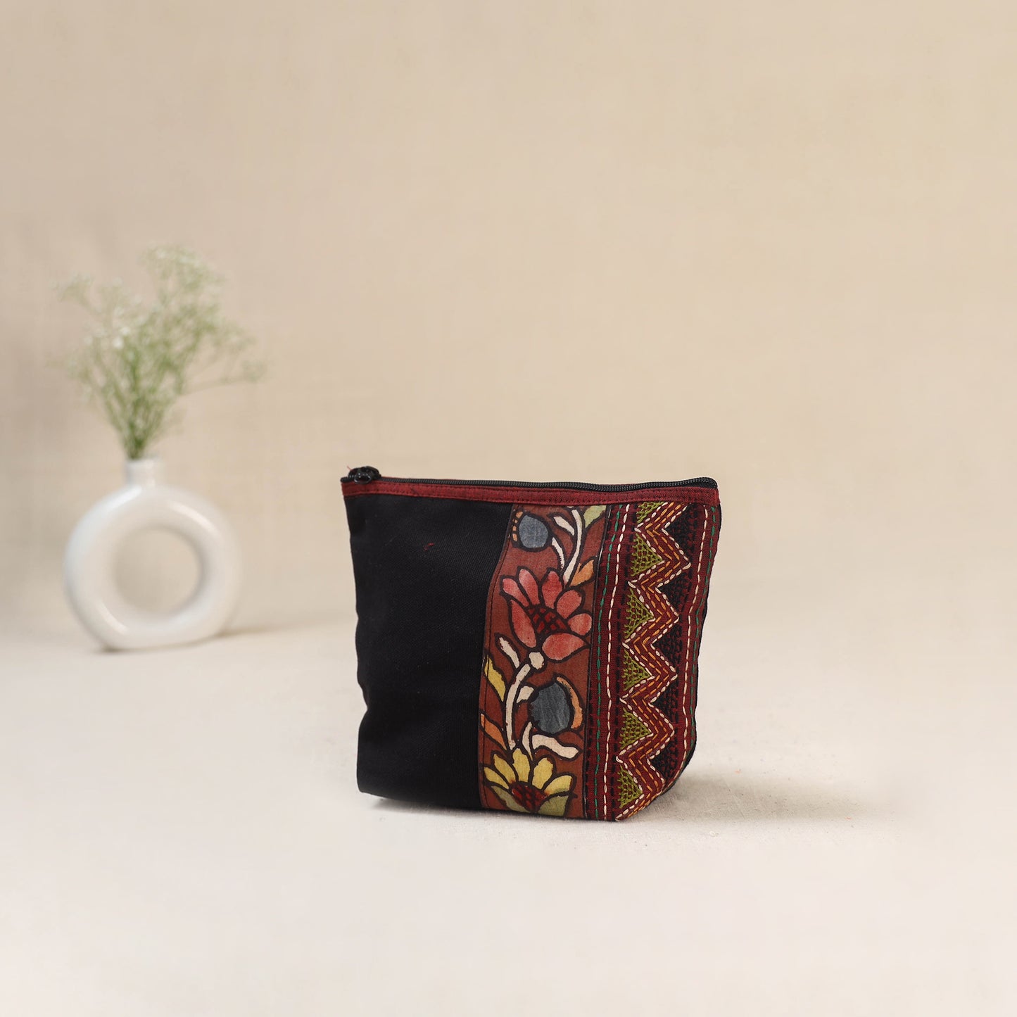 Black - Tagai Work Srikalahasti Kalamkari Handpainted Small Utility Pouch 115