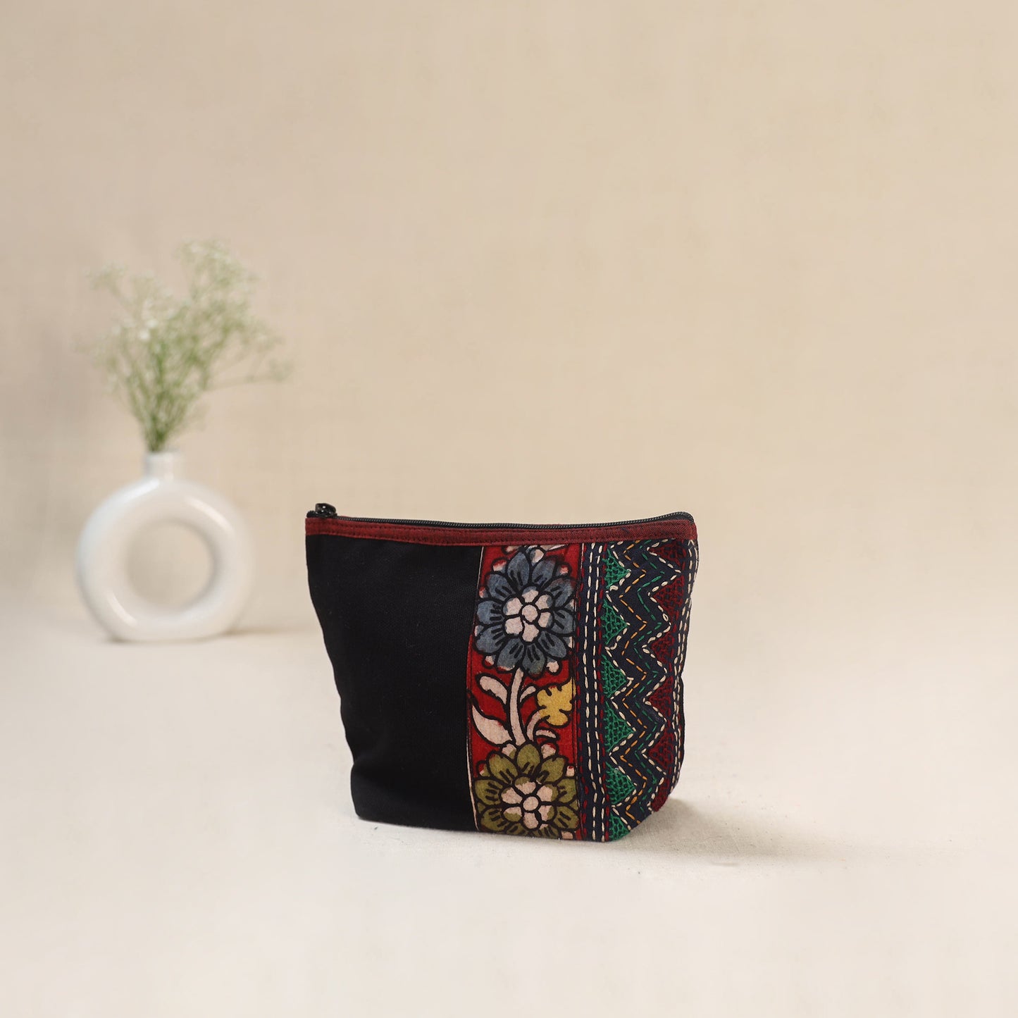 Black - Tagai Work Srikalahasti Kalamkari Handpainted Small Utility Pouch 116