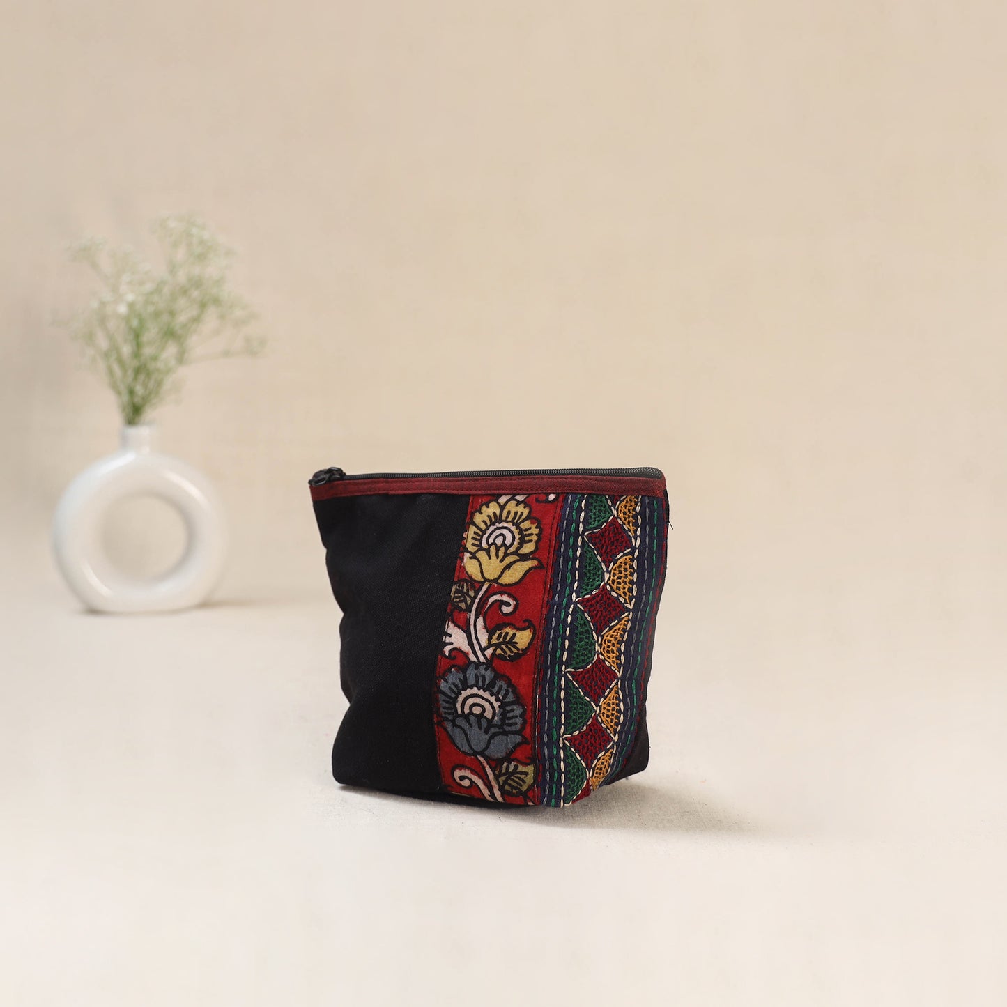 Black - Tagai Work Srikalahasti Kalamkari Handpainted Small Utility Pouch 118