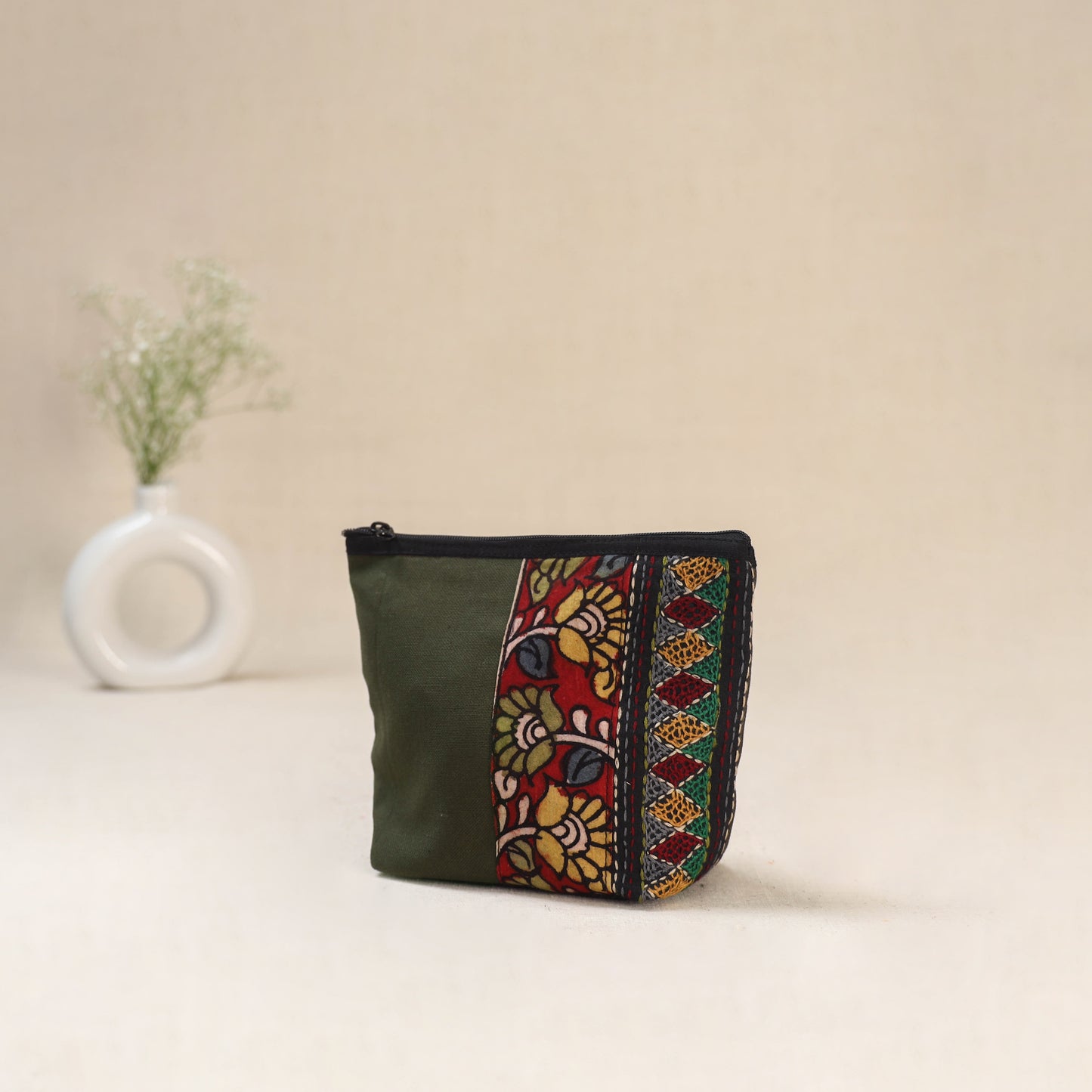 Green - Tagai Work Srikalahasti Kalamkari Handpainted Small Utility Pouch 120