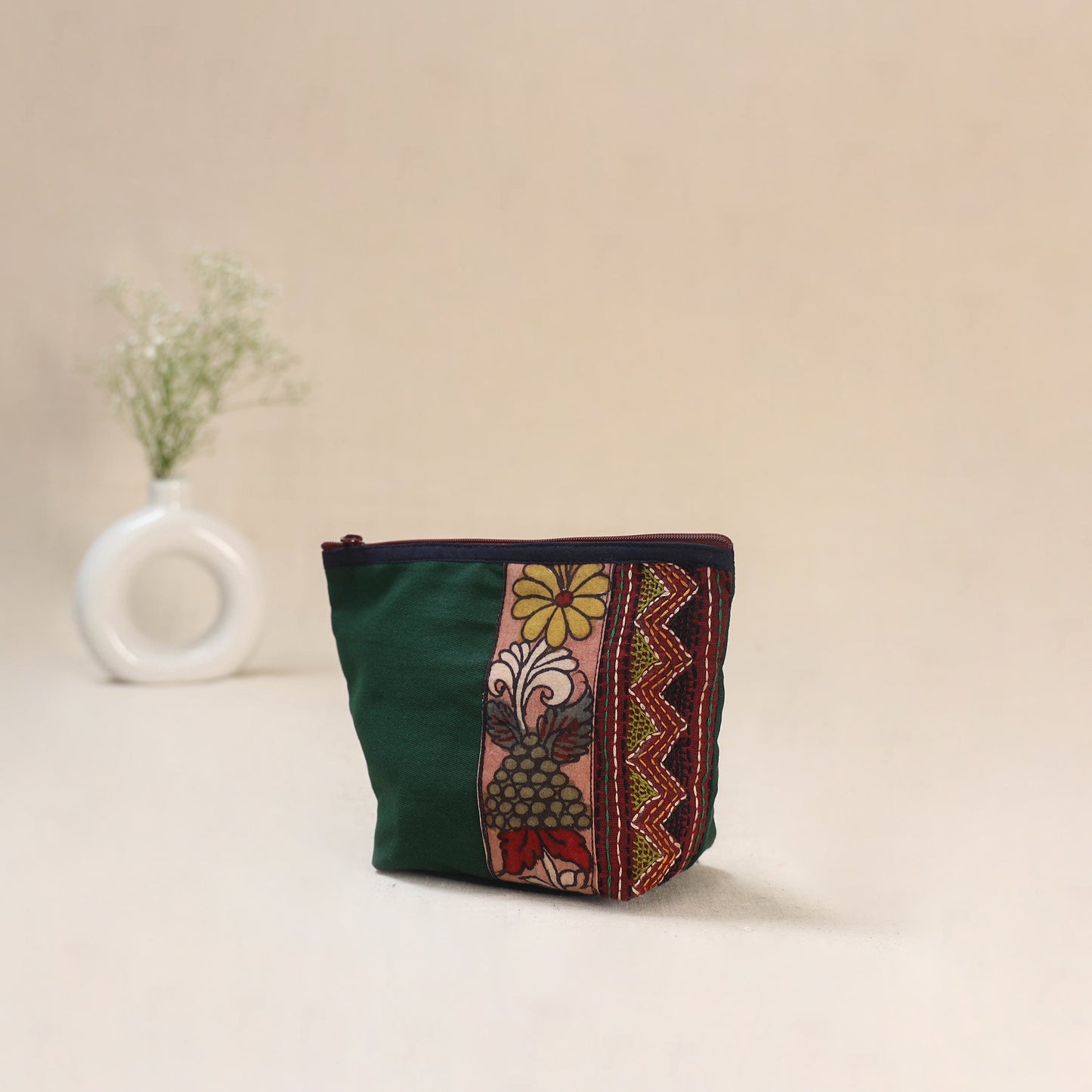Green - Tagai Work Srikalahasti Kalamkari Handpainted Small Utility Pouch 121