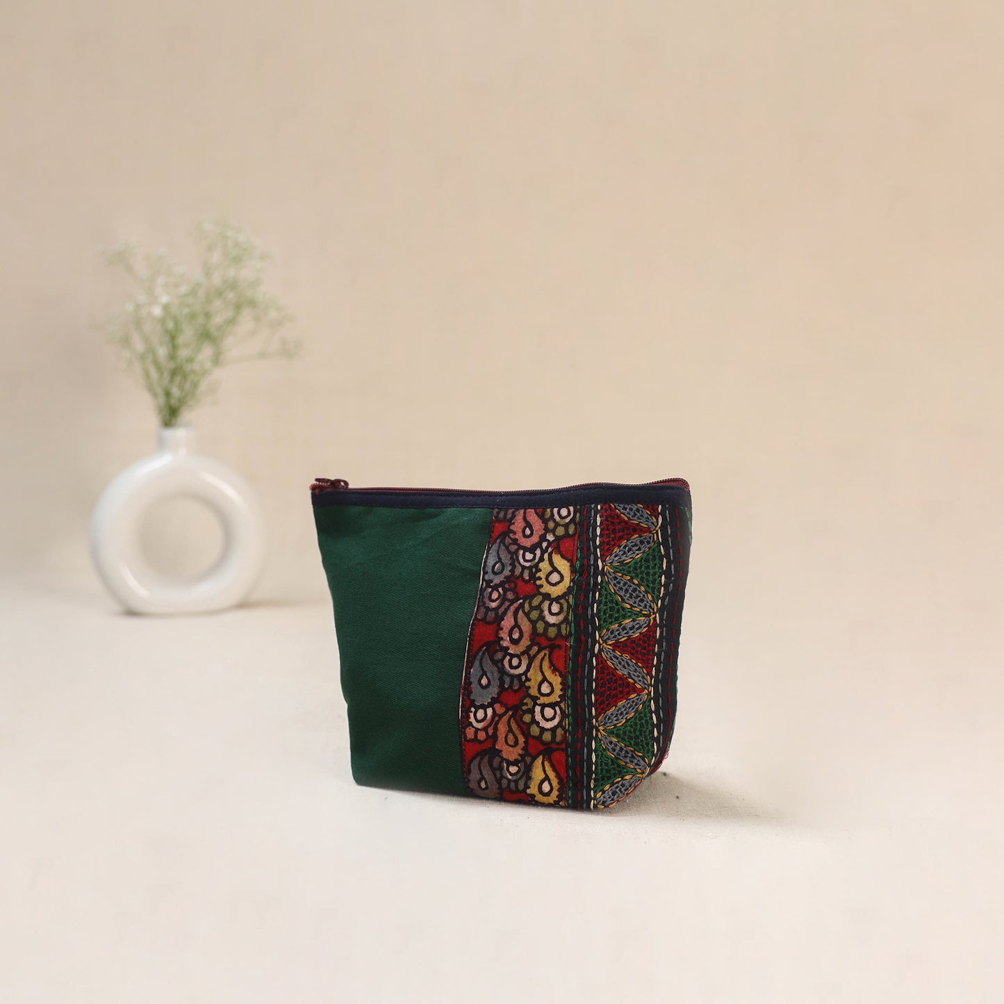 Green - Tagai Work Srikalahasti Kalamkari Handpainted Small Utility Pouch 122