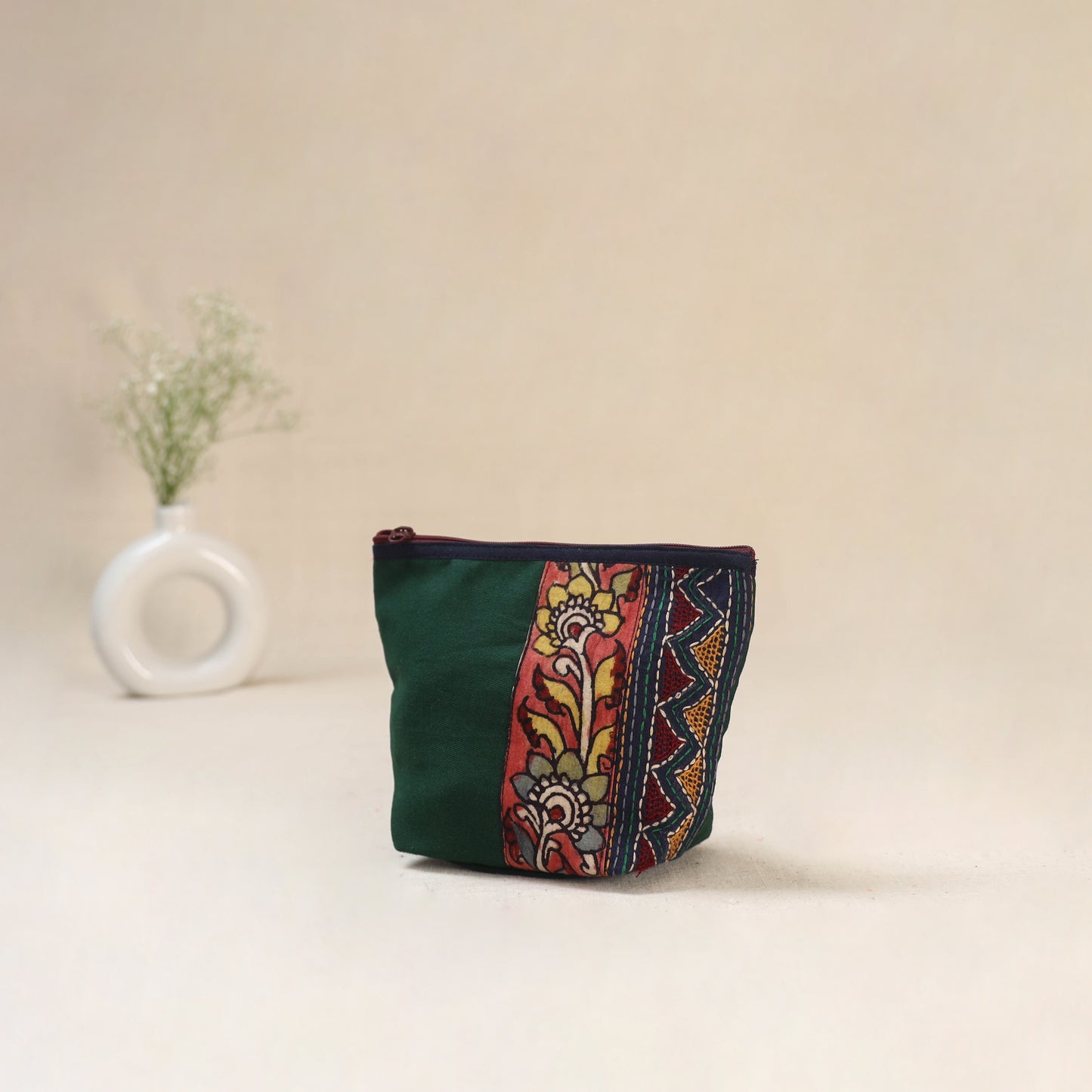 Green - Tagai Work Srikalahasti Kalamkari Handpainted Small Utility Pouch 124