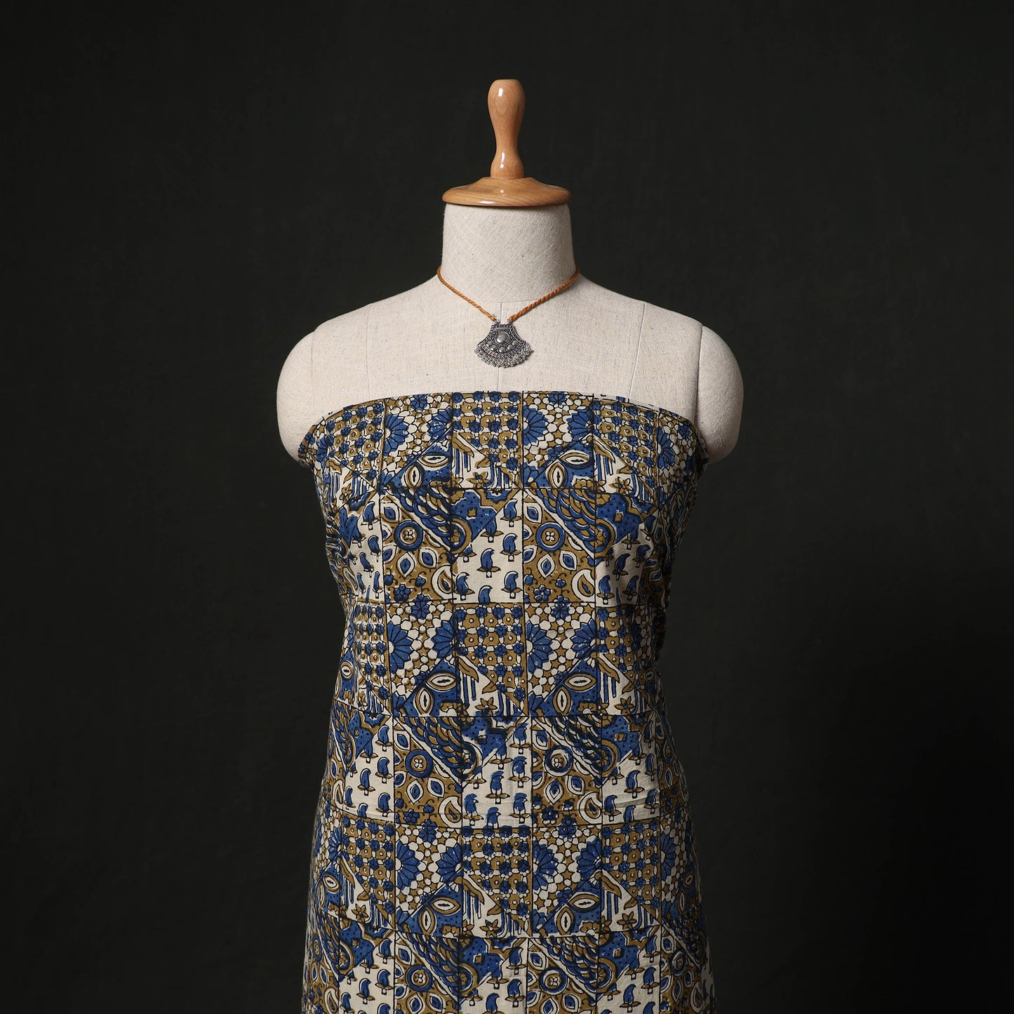 Ajrakh Hand Block Print Natural Dyed 2pc Cotton Unstitched Dress Material Kurta Set with Jewellery 01