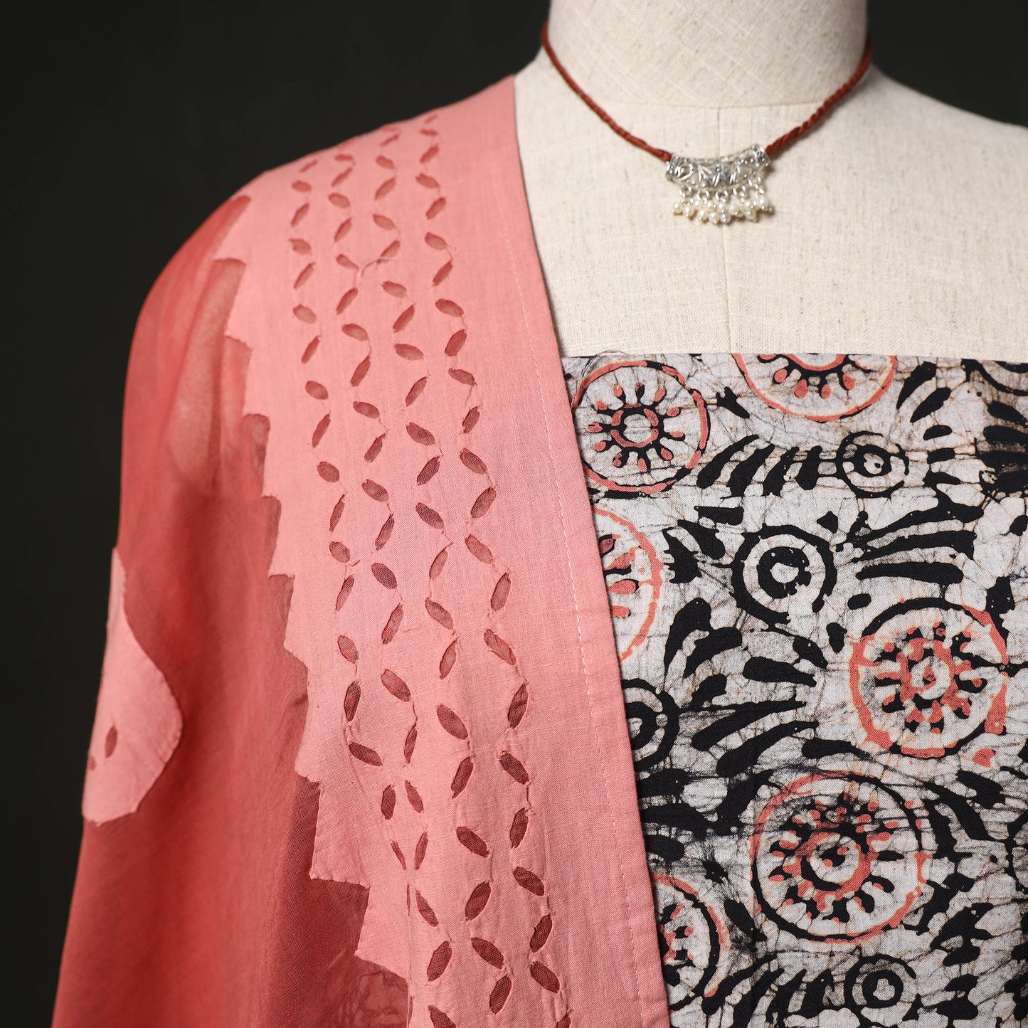 Batik Hand Block Print 2pc Cotton Unstitched Dress Material Kurta Set with Jewellery 02
