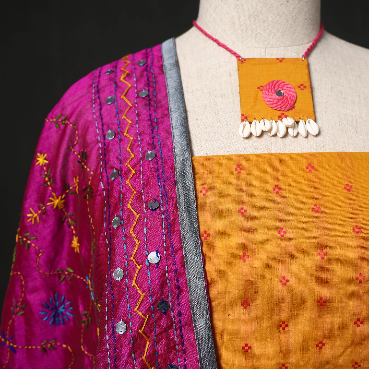 Jacquard Woven 2pc Cotton Unstitched Dress Material Kurta Set with Jewellery 05