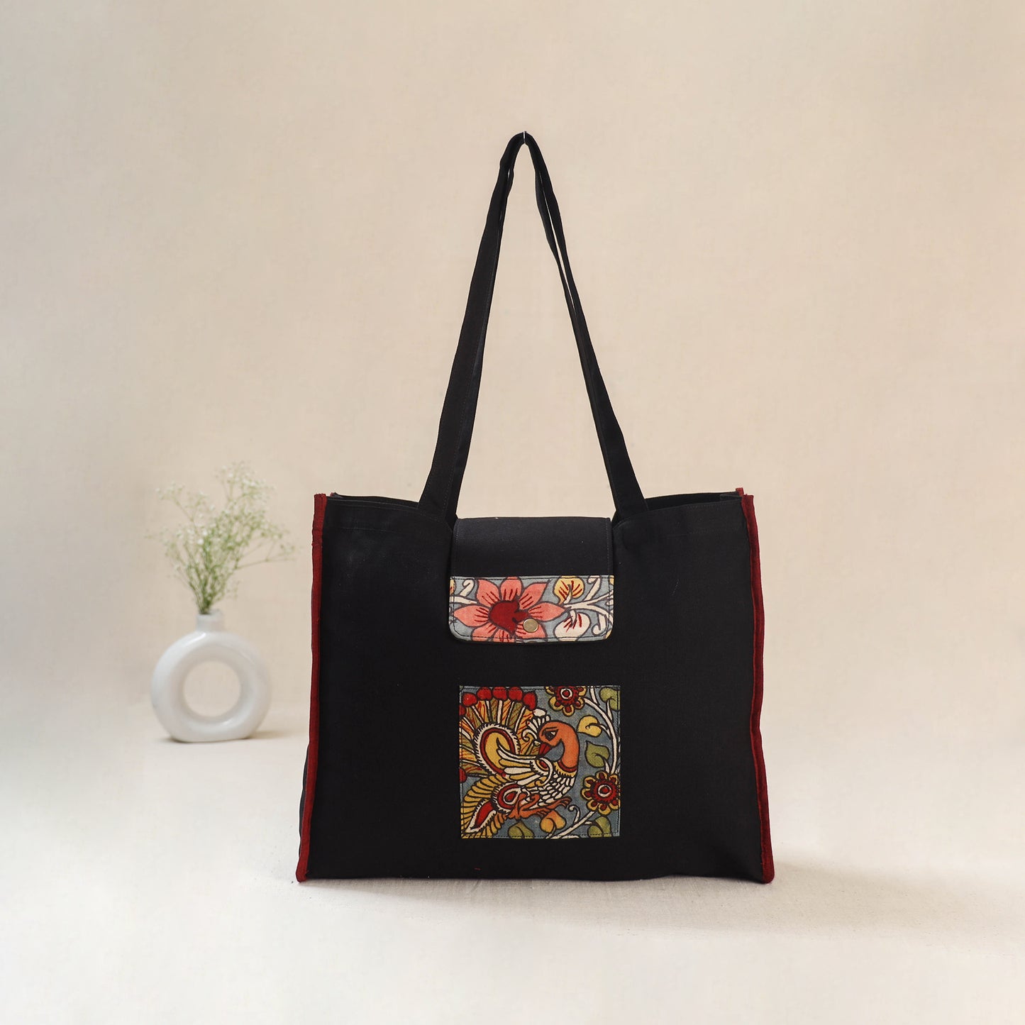 Black - Srikalahasti Handpainted Kalamkari Shoulder Bag 50