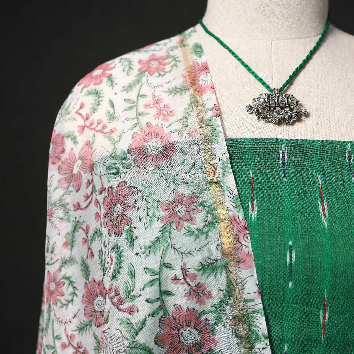 Pochampally Ikat Woven 2pc Cotton Unstitched Dress Material Kurta Set with Jewellery 06