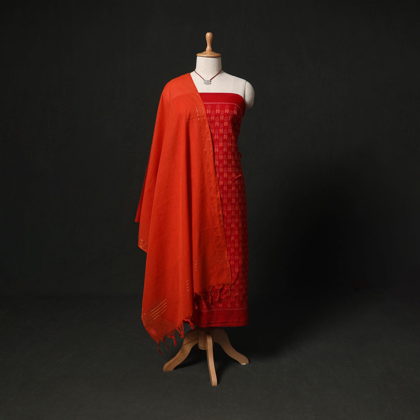 Sambalpuri Ikat Woven 2pc Cotton Unstitched Dress Material Kurta Set with Jewellery 13