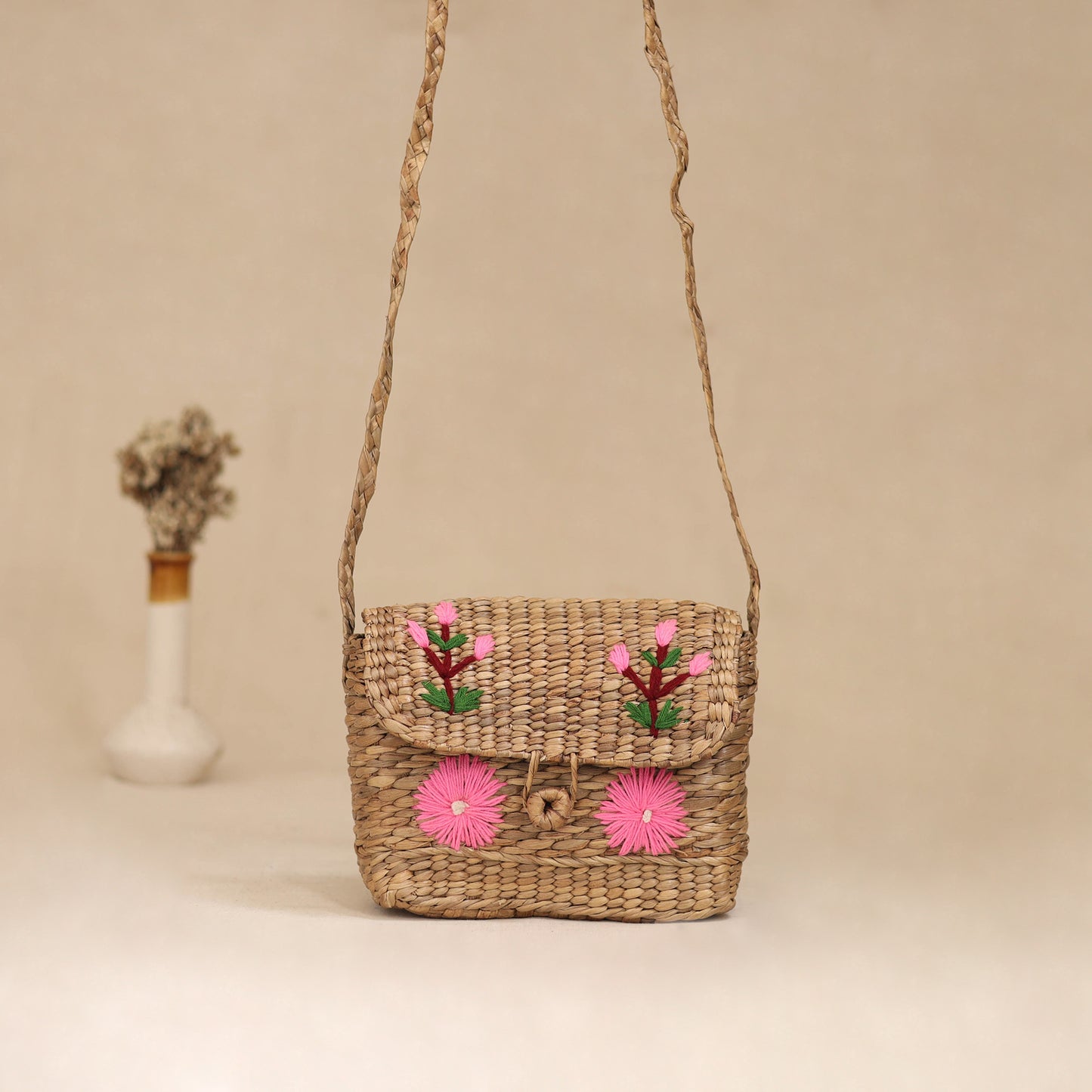 Handcrafted Natural Water Hyacinth Hand Embroidered Sling Bag 01