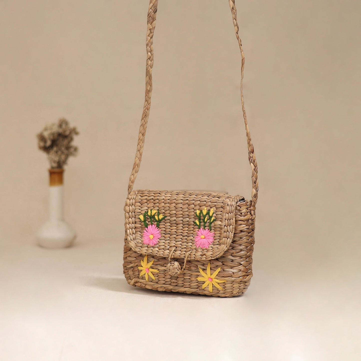 Handcrafted Natural Water Hyacinth Hand Embroidered Sling Bag 07