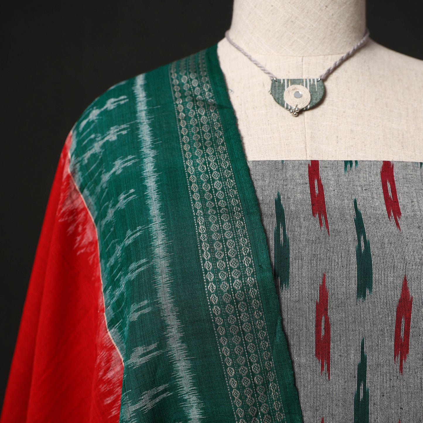 Pochampally Ikat Woven 2pc Cotton Unstitched Dress Material Kurta Set with Jewellery 18