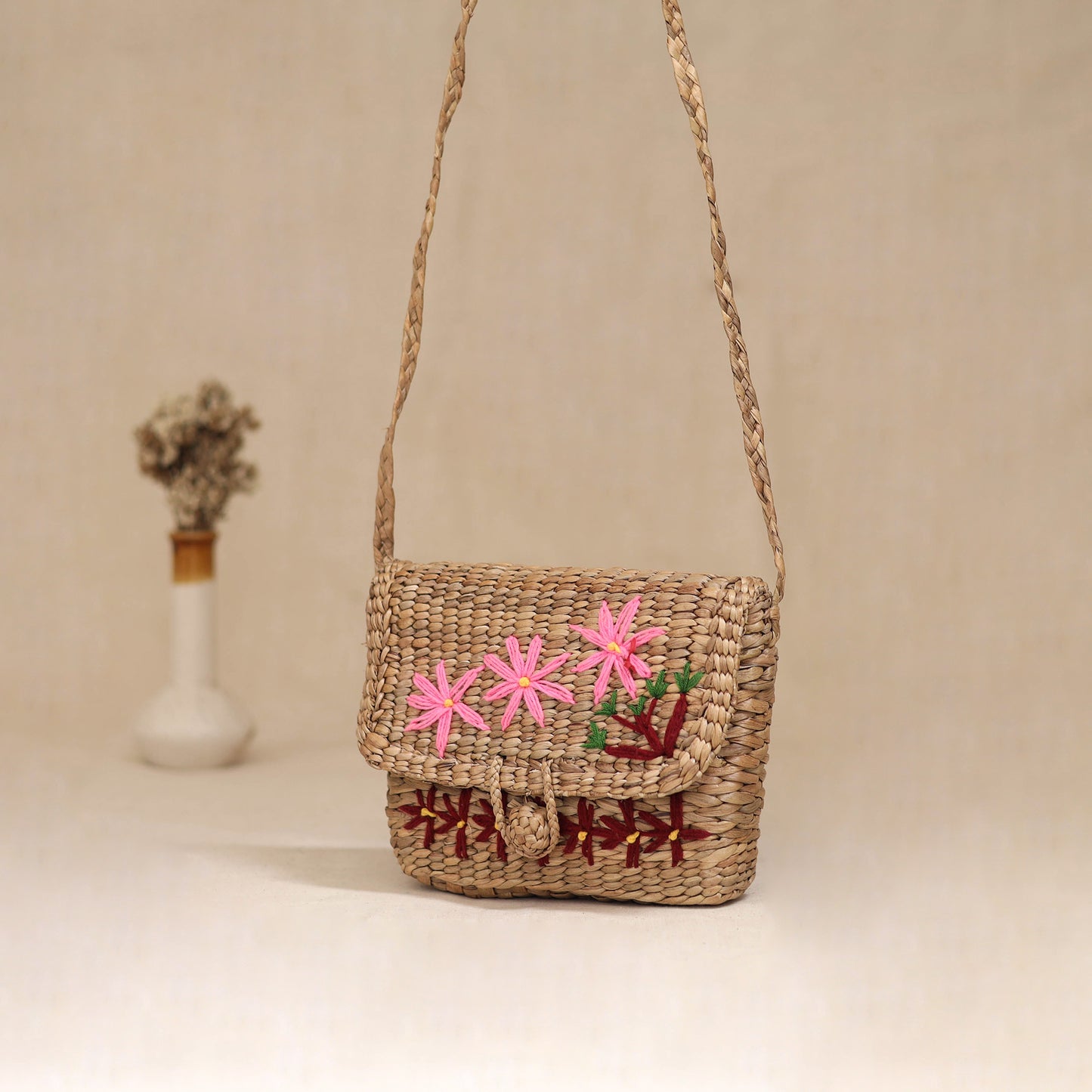 Handcrafted Natural Water Hyacinth Hand Embroidered Sling Bag 18