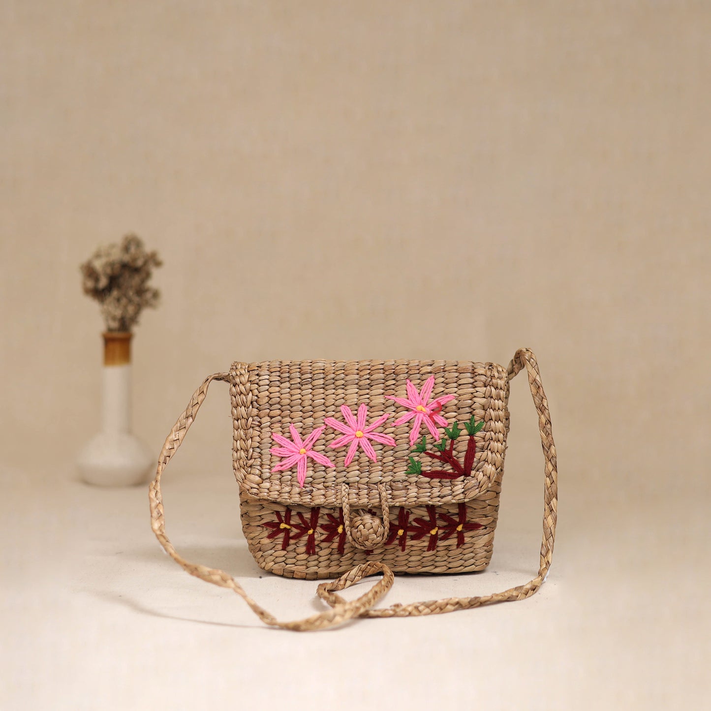 Handcrafted Natural Water Hyacinth Hand Embroidered Sling Bag 18