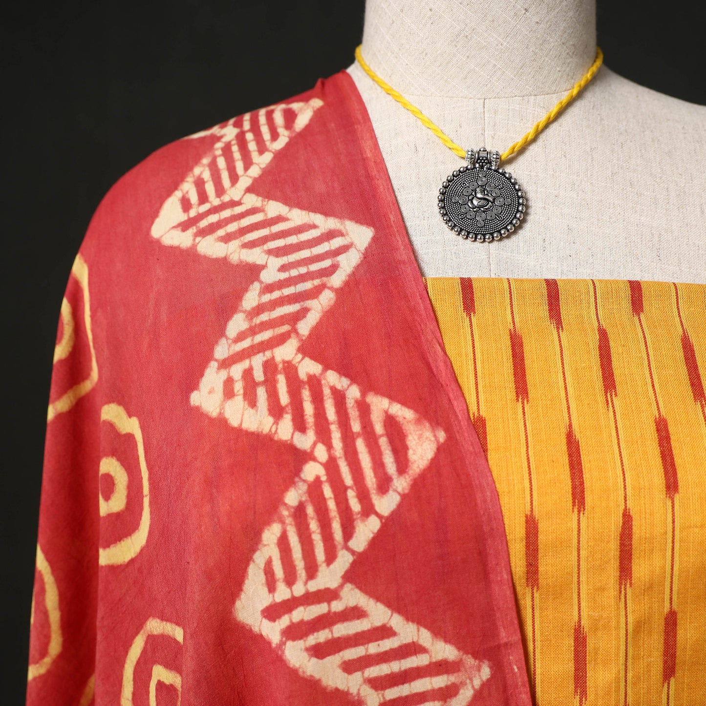 Pochampally Ikat Woven 2pc Cotton Unstitched Dress Material Kurta Set with Jewellery 24
