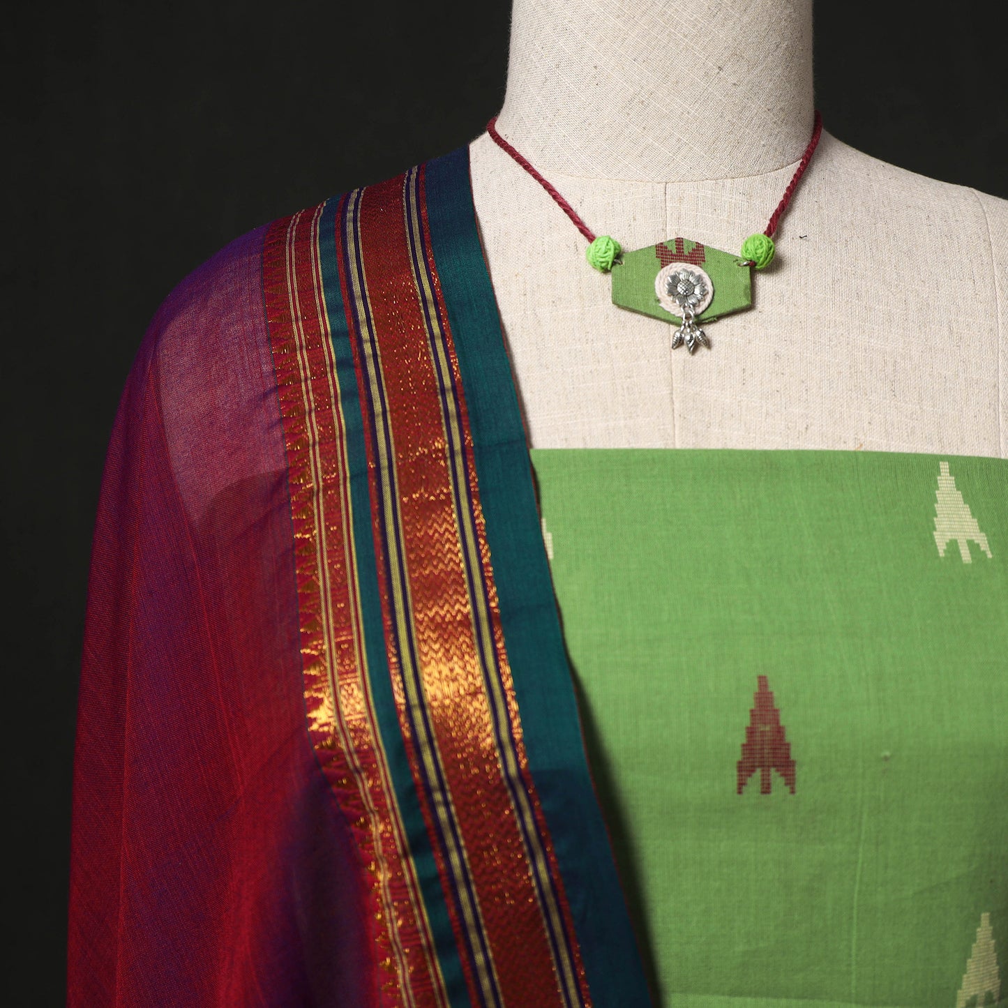 Jacquard Woven 2pc Cotton Unstitched Dress Material Kurta Set with Jewellery 25