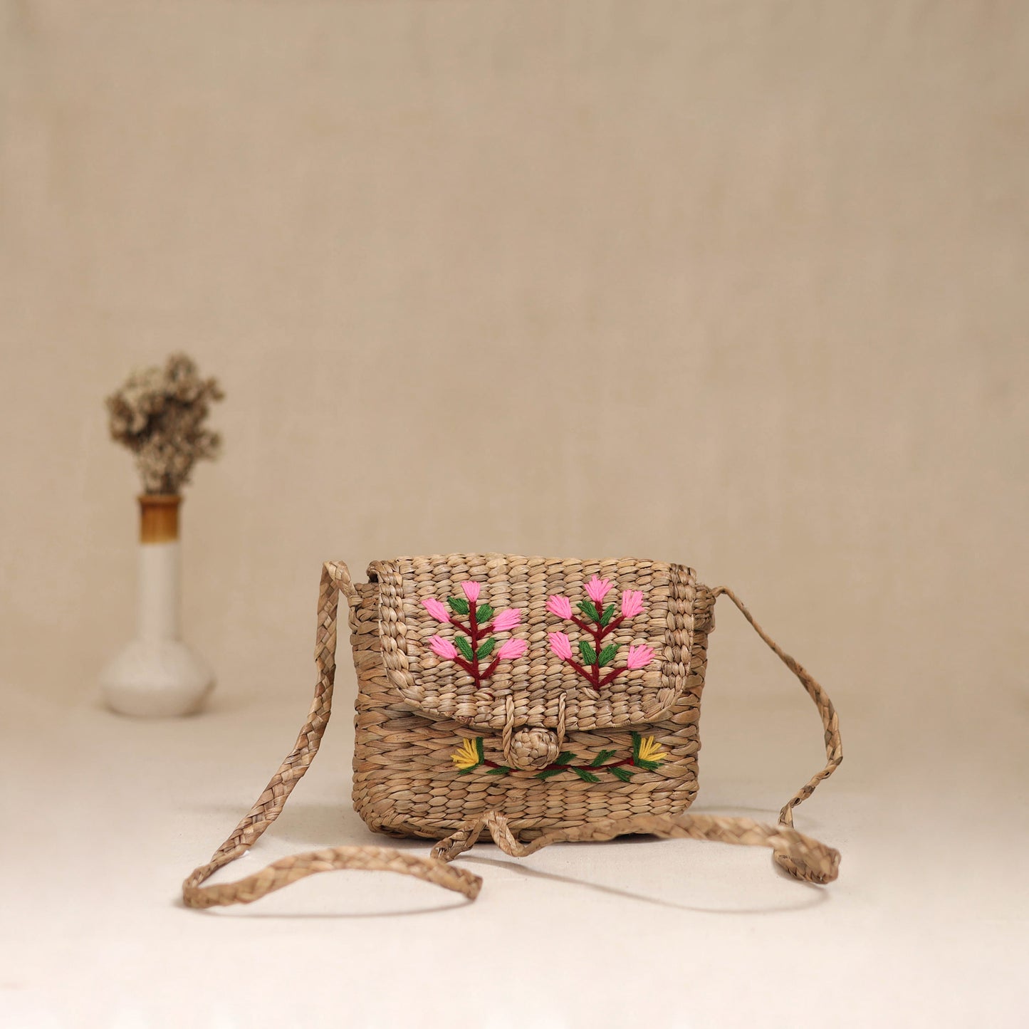 Handcrafted Natural Water Hyacinth Hand Embroidered Sling Bag 22