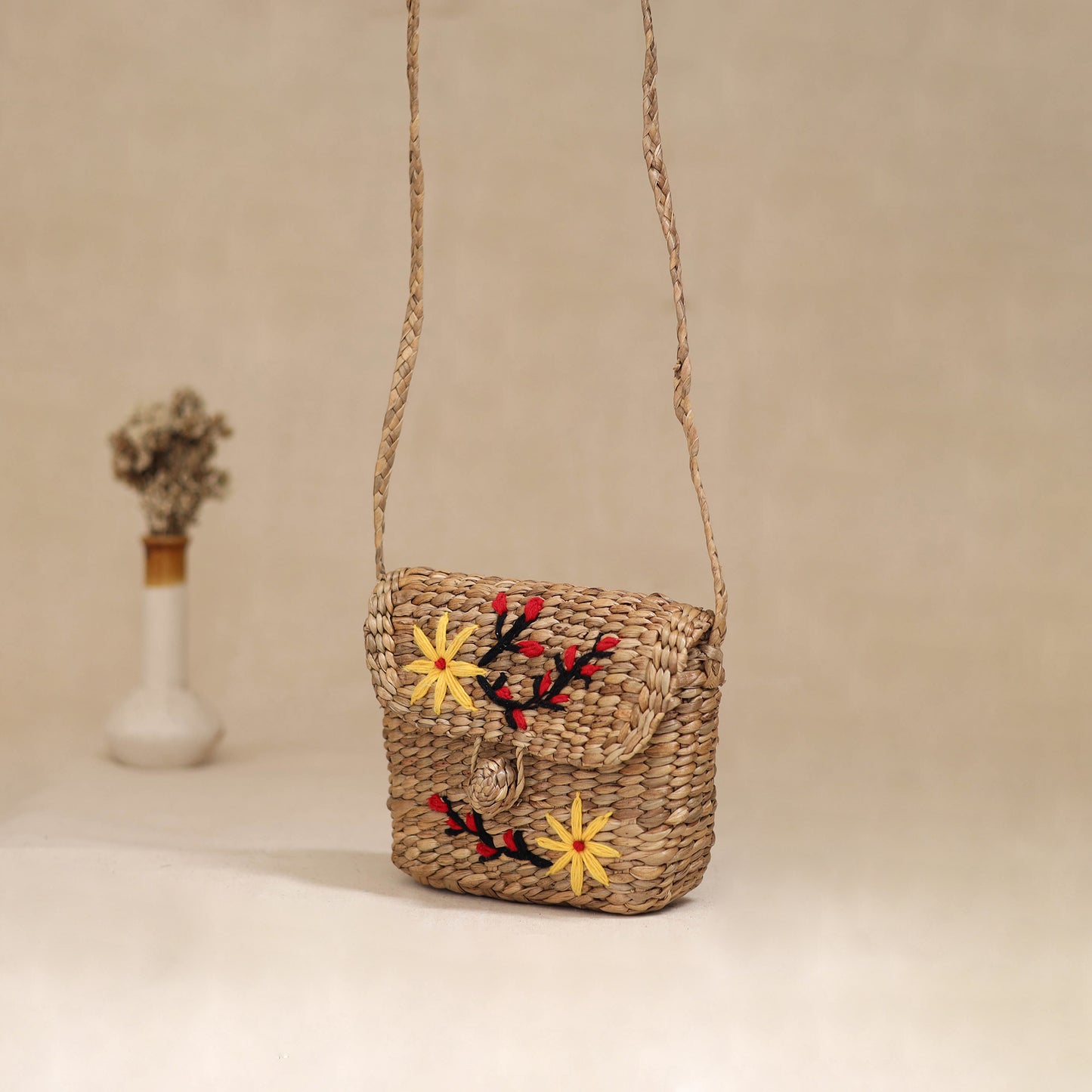 Handcrafted Natural Water Hyacinth Hand Embroidered Sling Bag 23