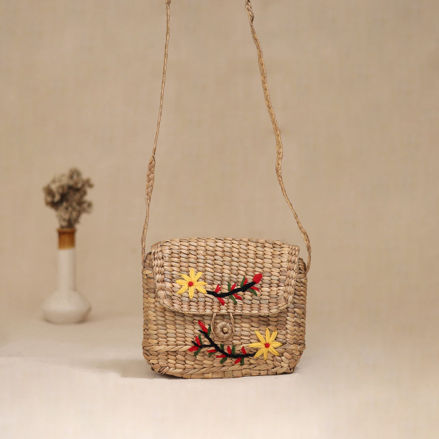 Handcrafted Natural Water Hyacinth Hand Embroidered Sling Bag 27