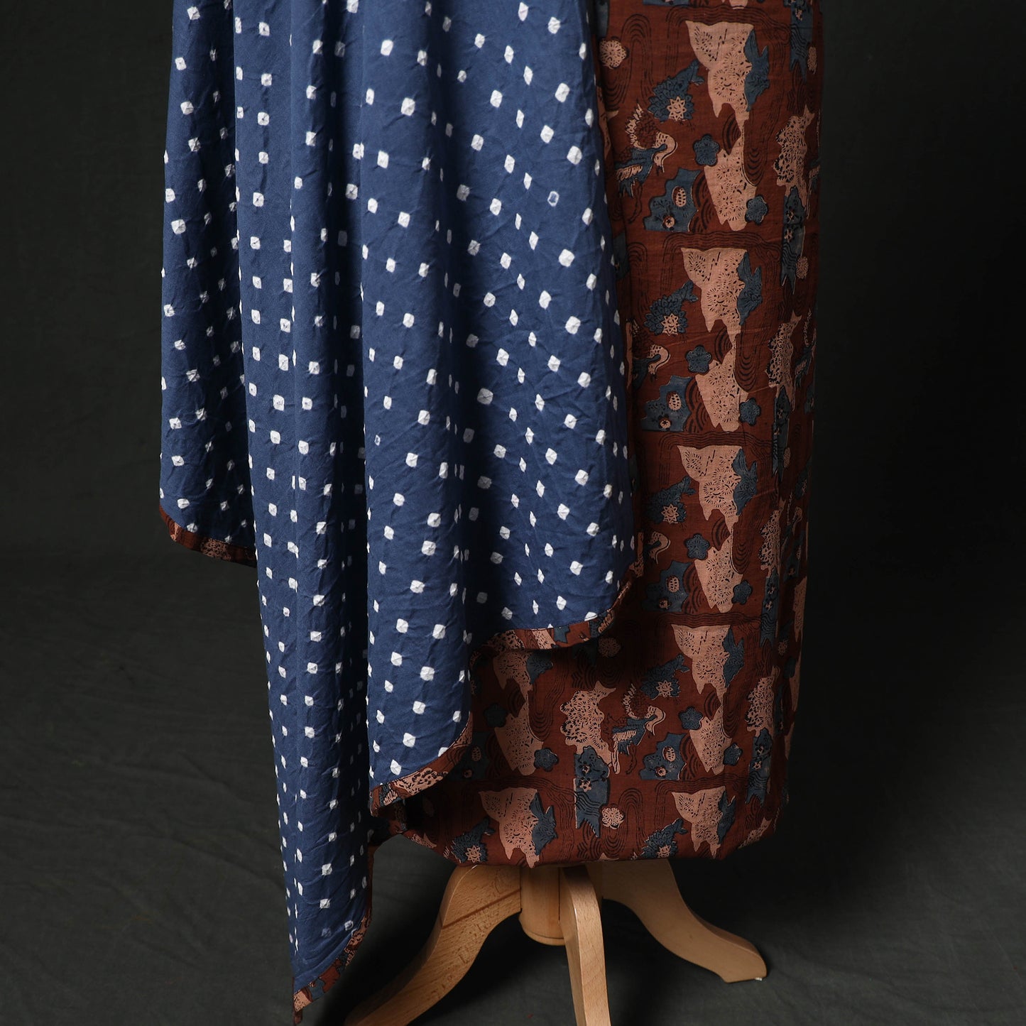Hand Embroidered Ajrakh Block Print Cotton Natural Dyed 2pc Unstitched Dress Material Kurta Set with Jewellery 01