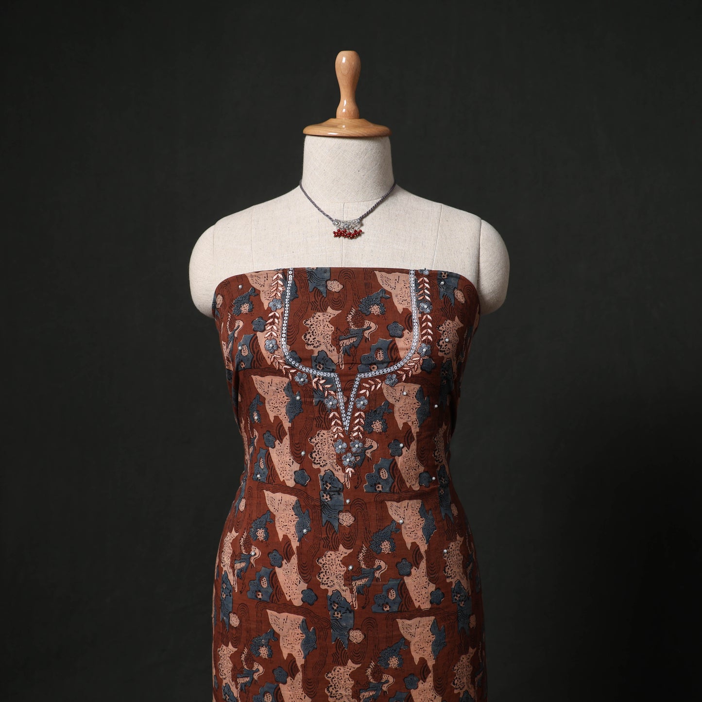 Hand Embroidered Ajrakh Block Print Cotton Natural Dyed 2pc Unstitched Dress Material Kurta Set with Jewellery 01