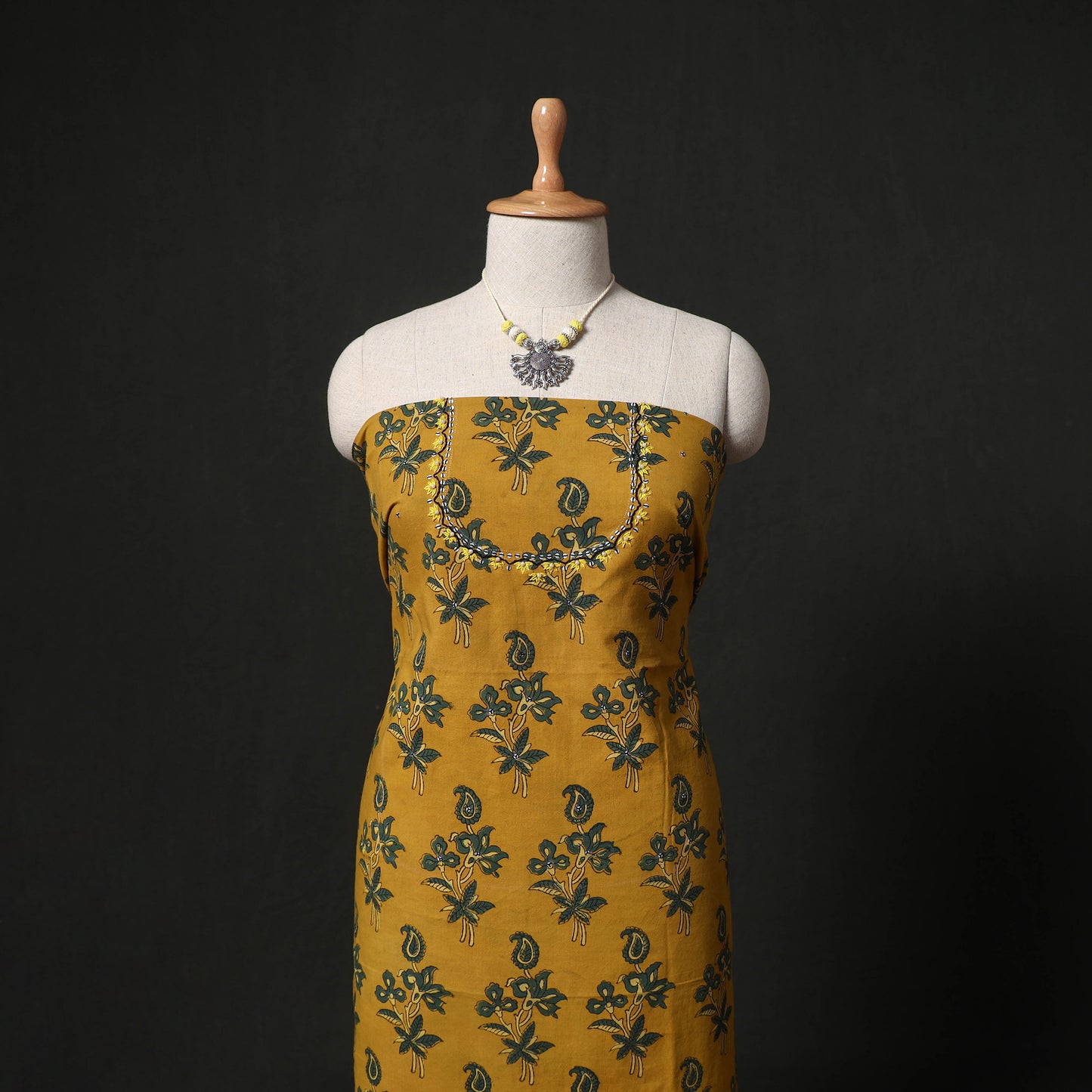Hand Embroidered Ajrakh Block Print Cotton Natural Dyed 2pc Unstitched Dress Material Kurta Set with Jewellery 04