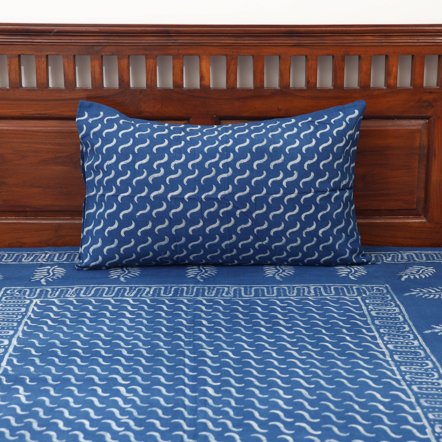 Blue - Hand Block Print Jhiri Pure Handloom Natural Dyed Cotton Single Akola Bedsheet Set (90 x 60 in) 01