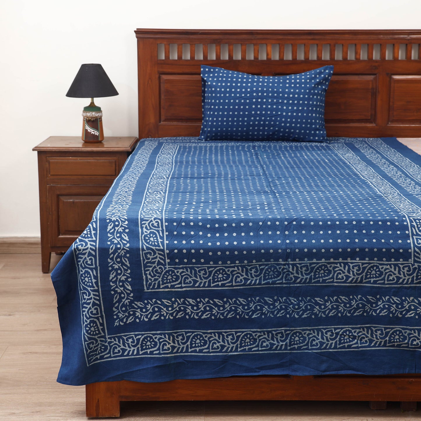 Blue - Hand Block Print Jhiri Pure Handloom Natural Dyed Cotton Single Akola Bedsheet Set (90 x 60 in) 02
