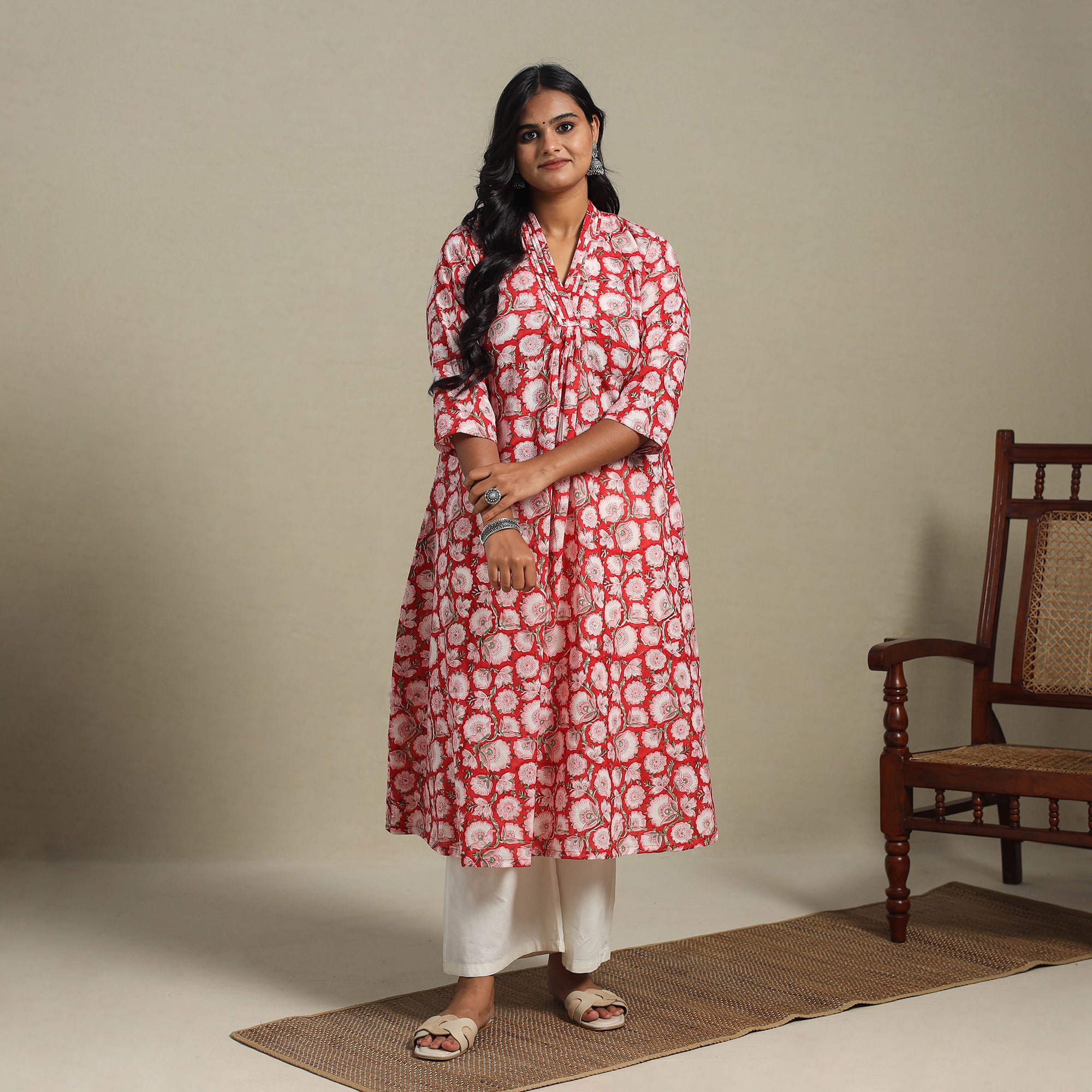 Red - Block Print Cotton A-Line Sanganeri Kurta 03